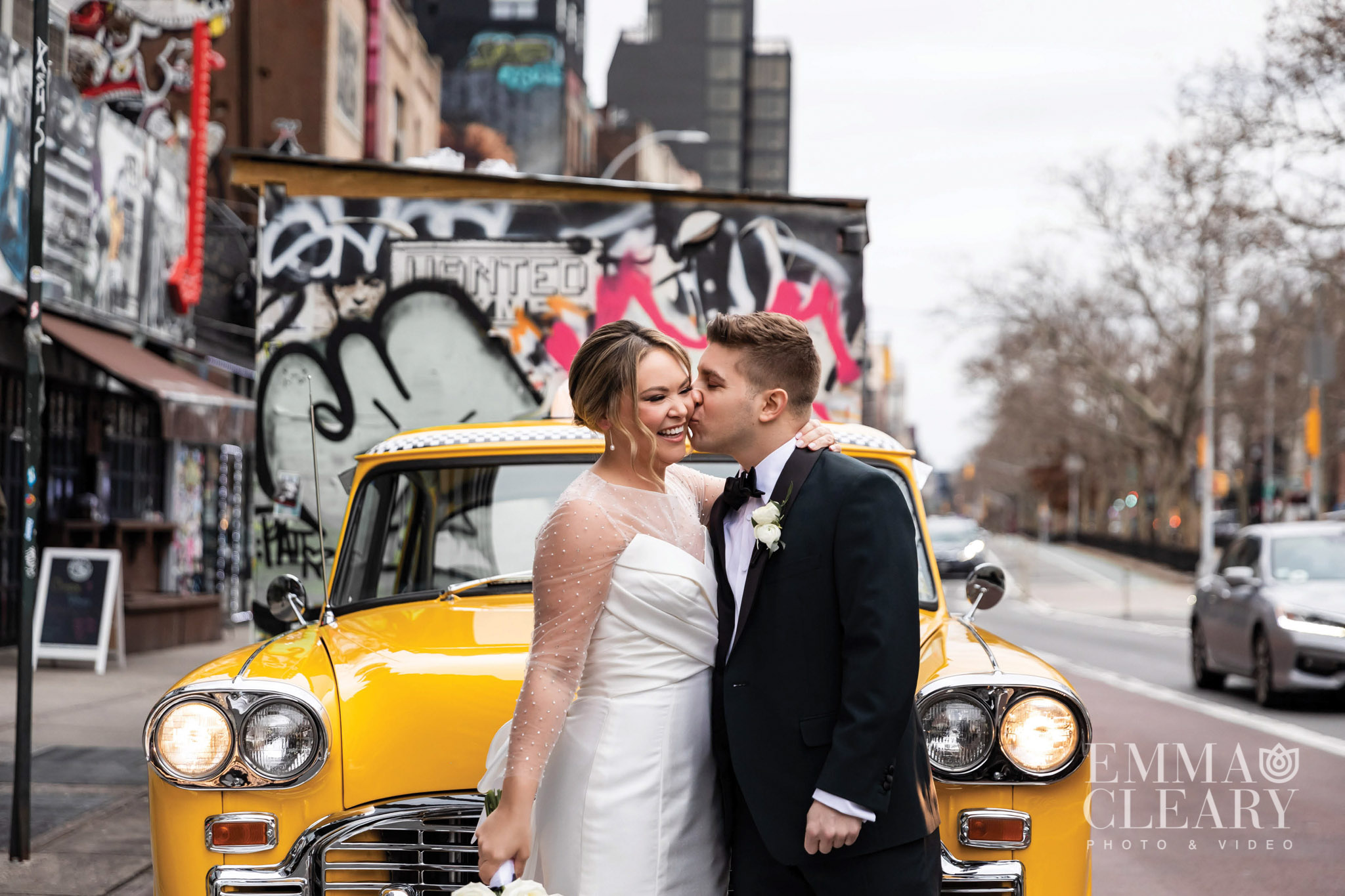 yellow cab wedding photo