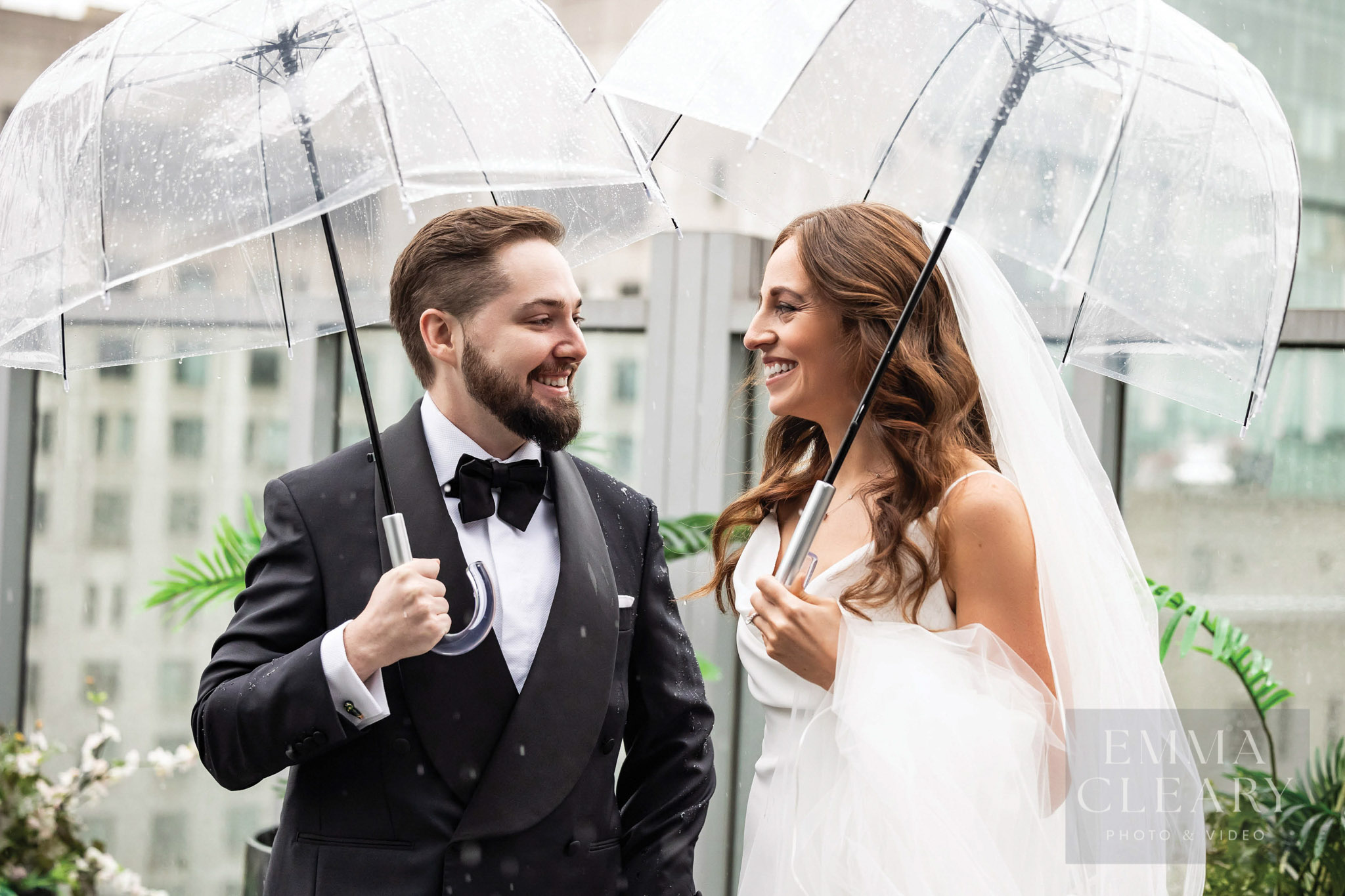 Rainy wedding couple photo