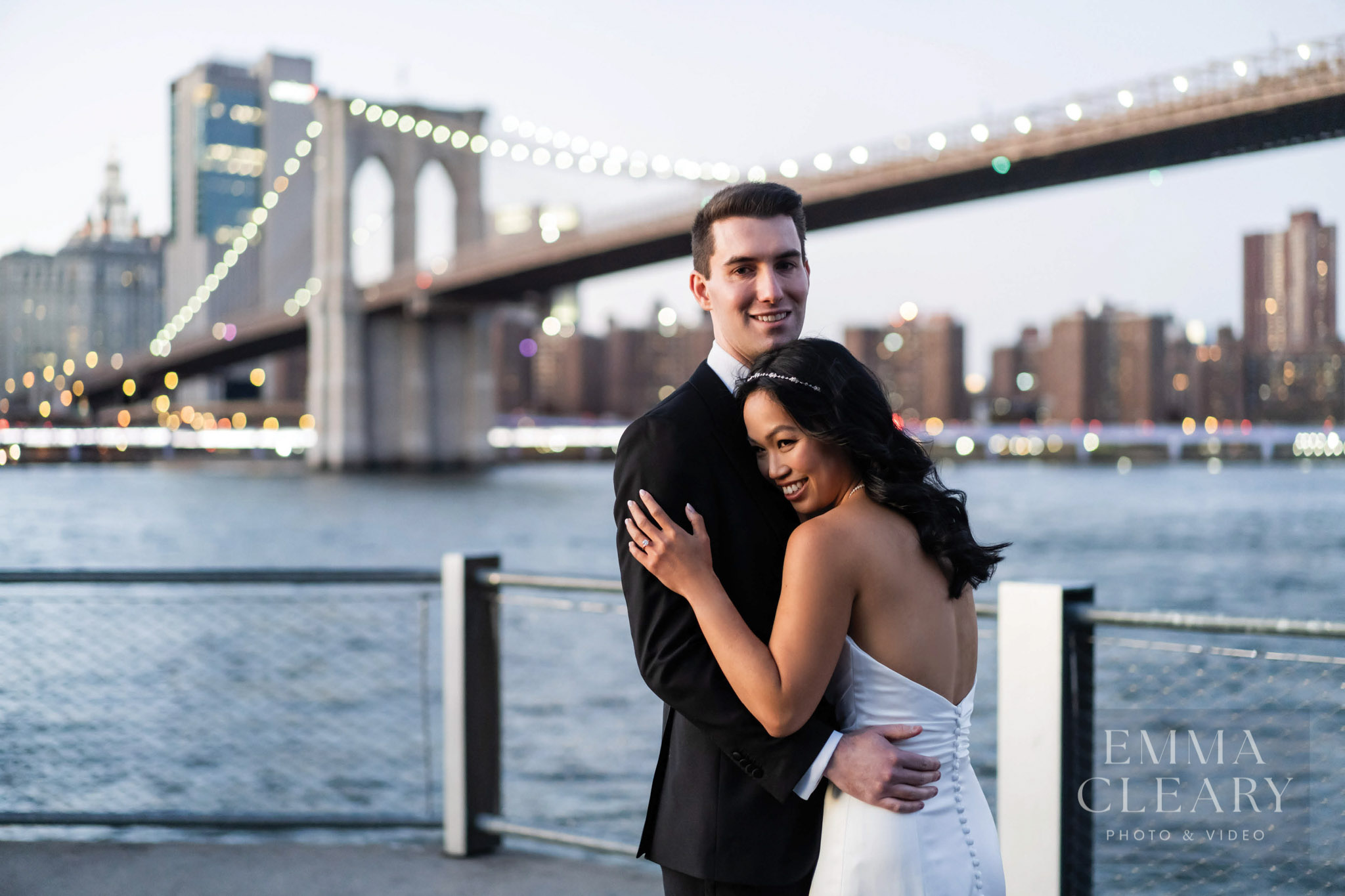Happy wedding photo near Brooklyn Bridge