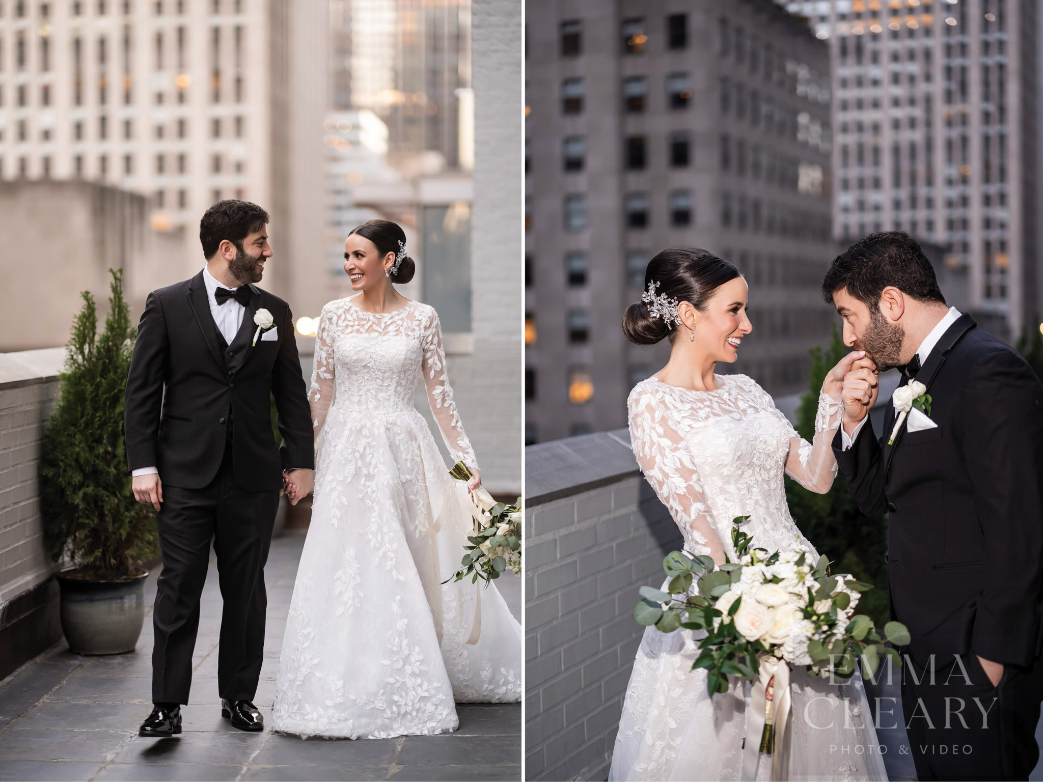 Photo of a wedding couple with a view of the city