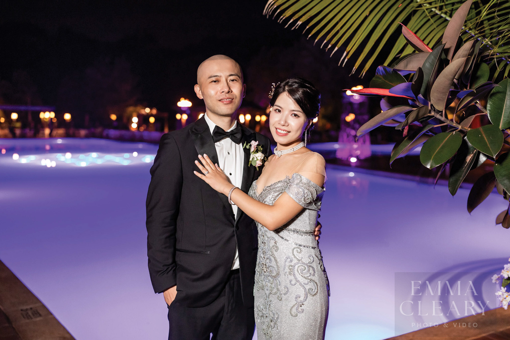 Wedding portrait of a couple at night