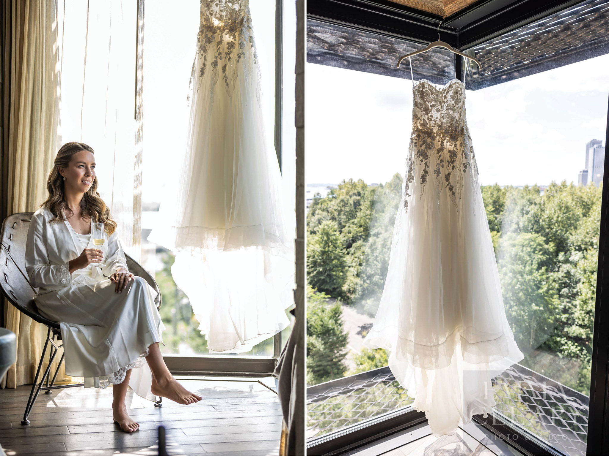 The bride at the window and the wedding dress