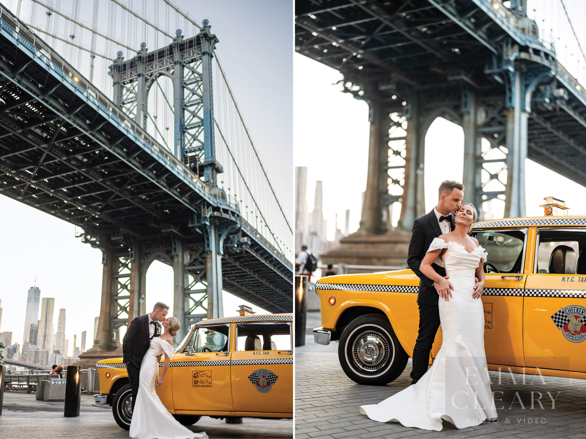 Wedding portrait on the background of the bridge