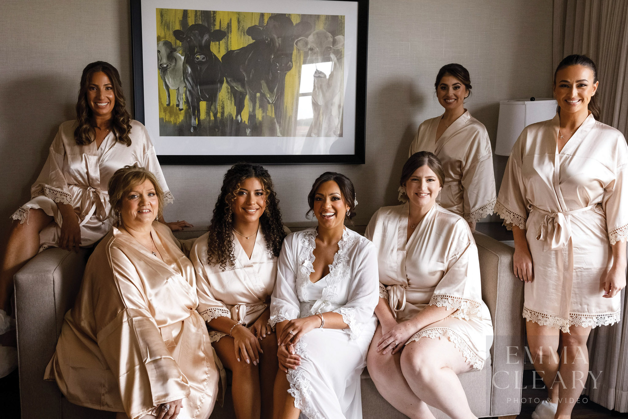 Bride and bridesmaids and mom
