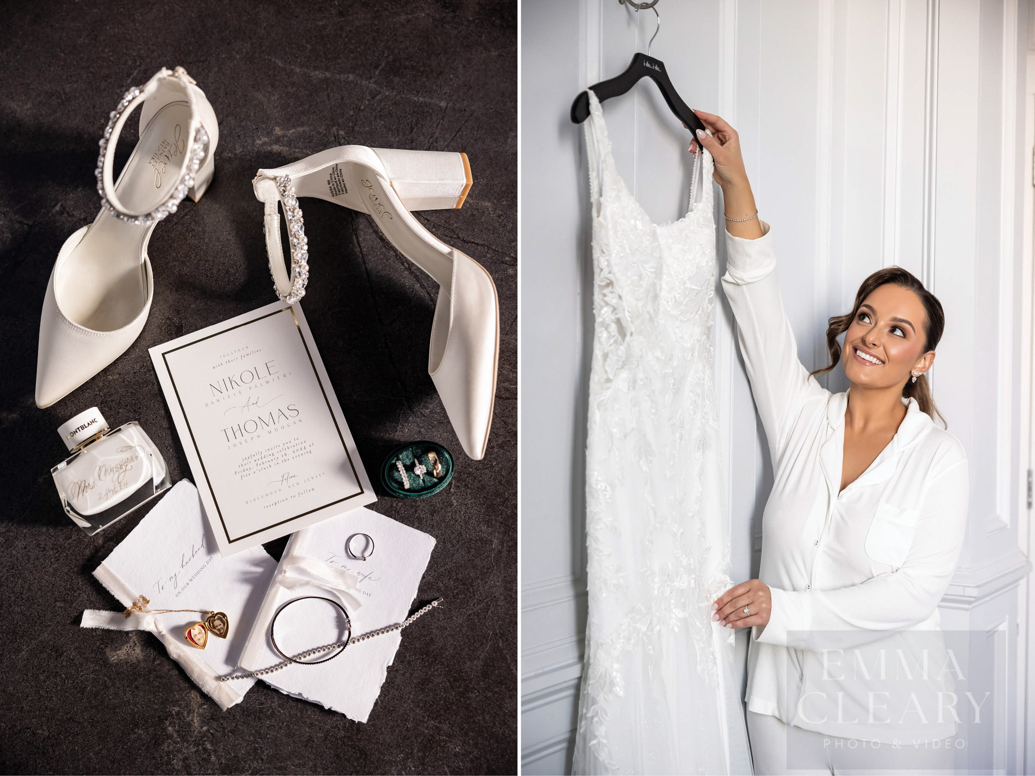 Wedding dress, shoes, invitations, menu and rings