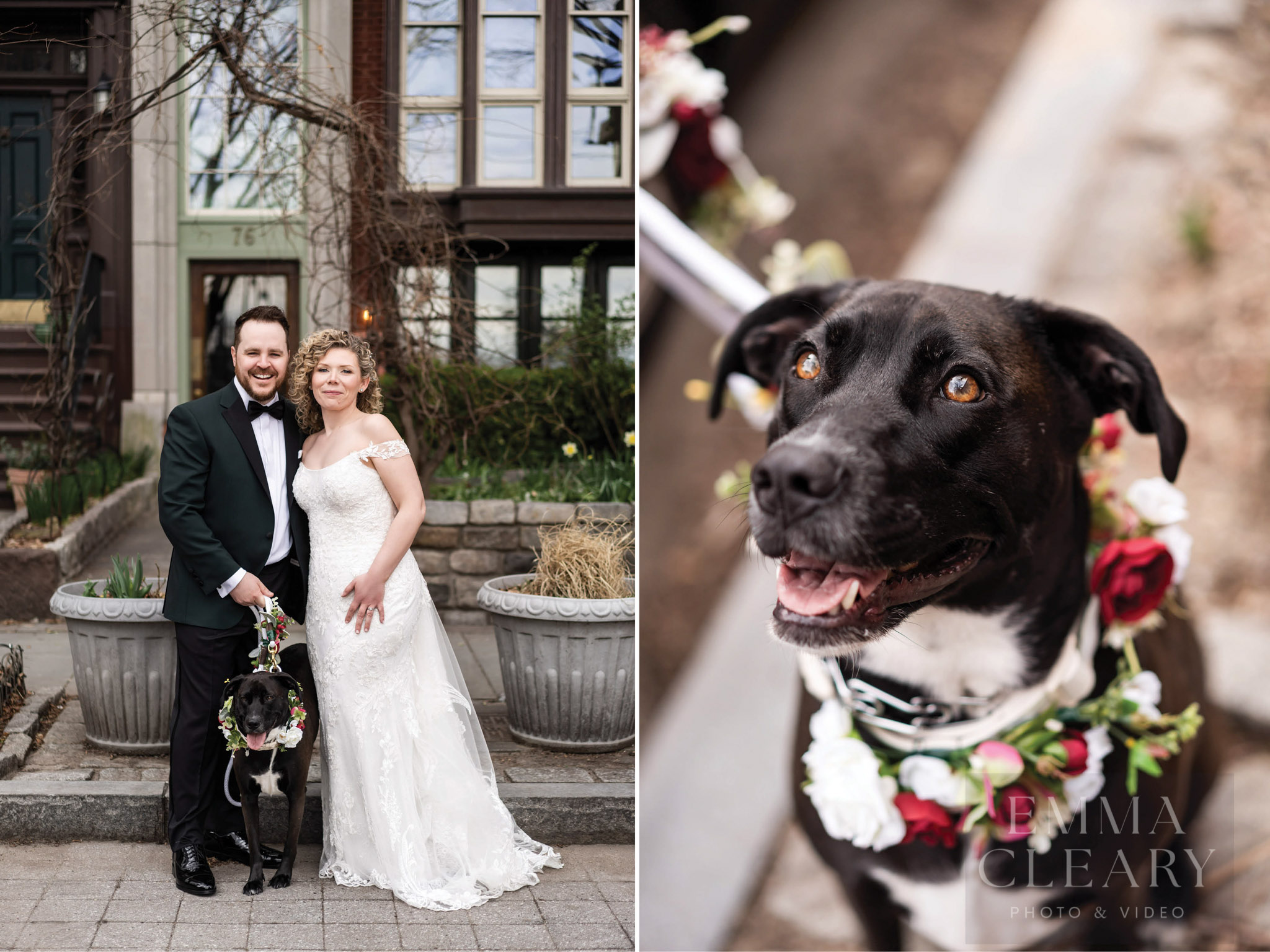 A wedding couple and their dog
