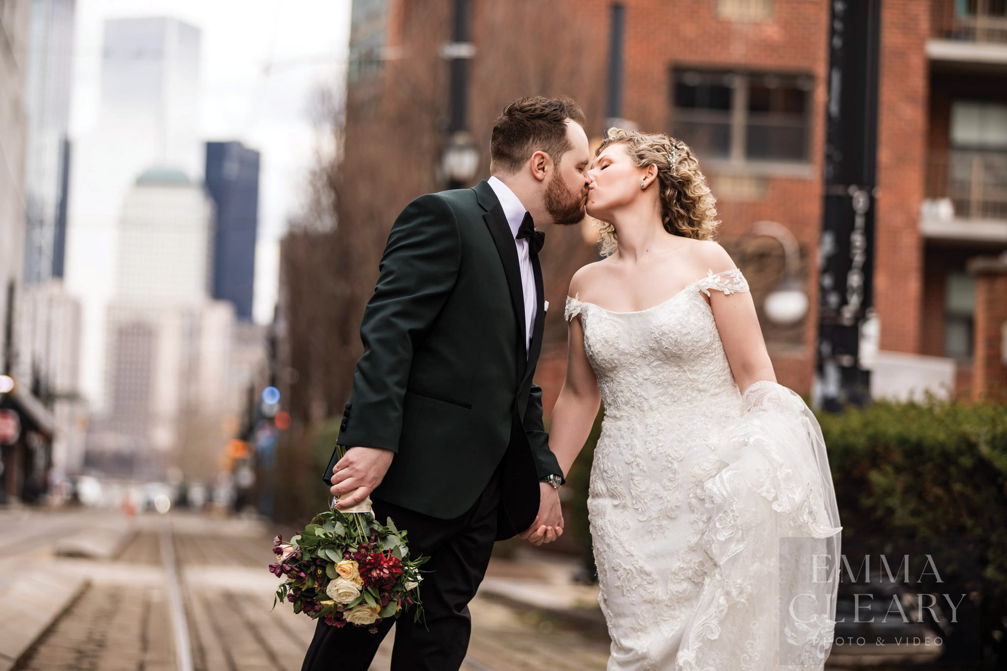 A couple's wedding kiss