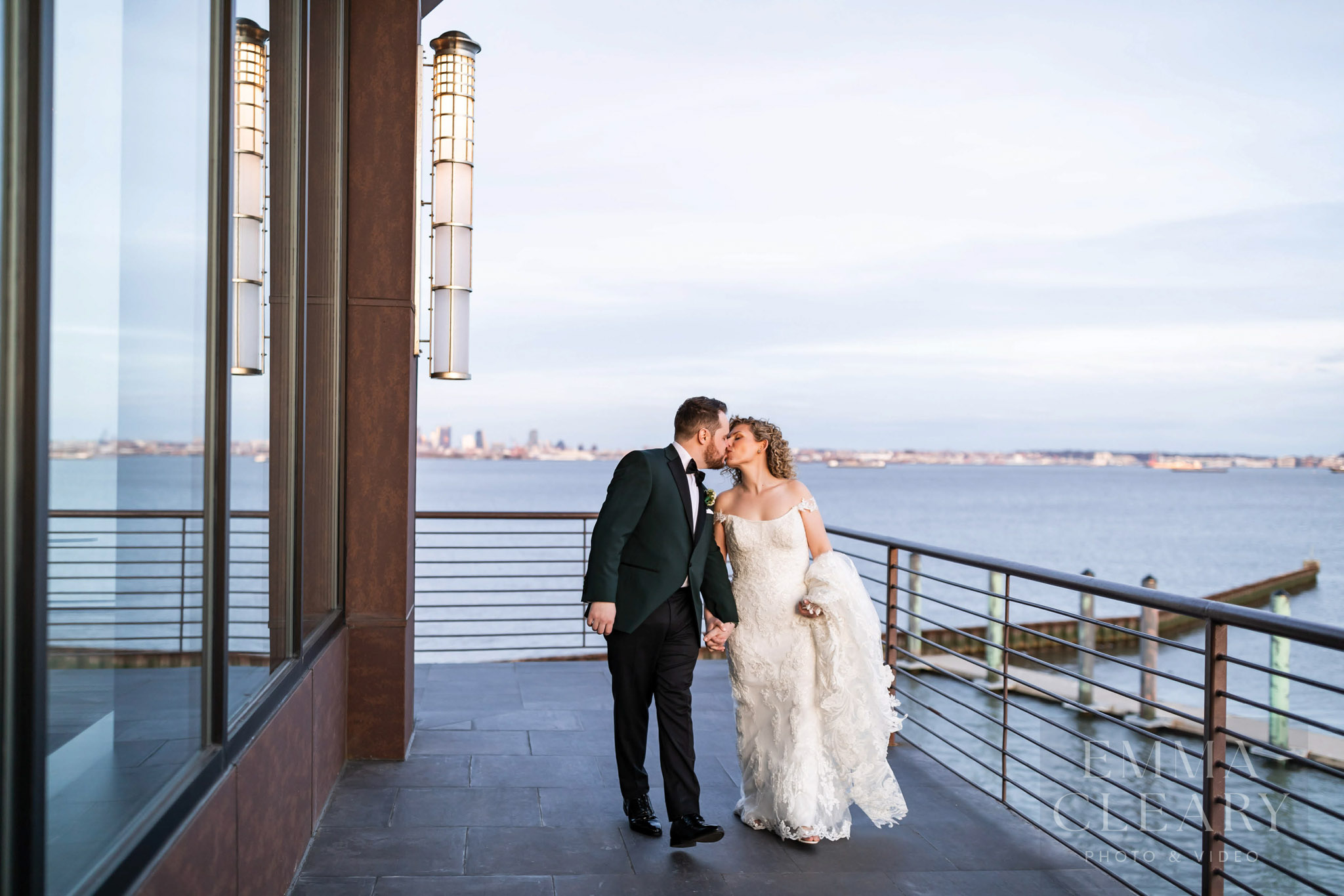 Sunset wedding kiss