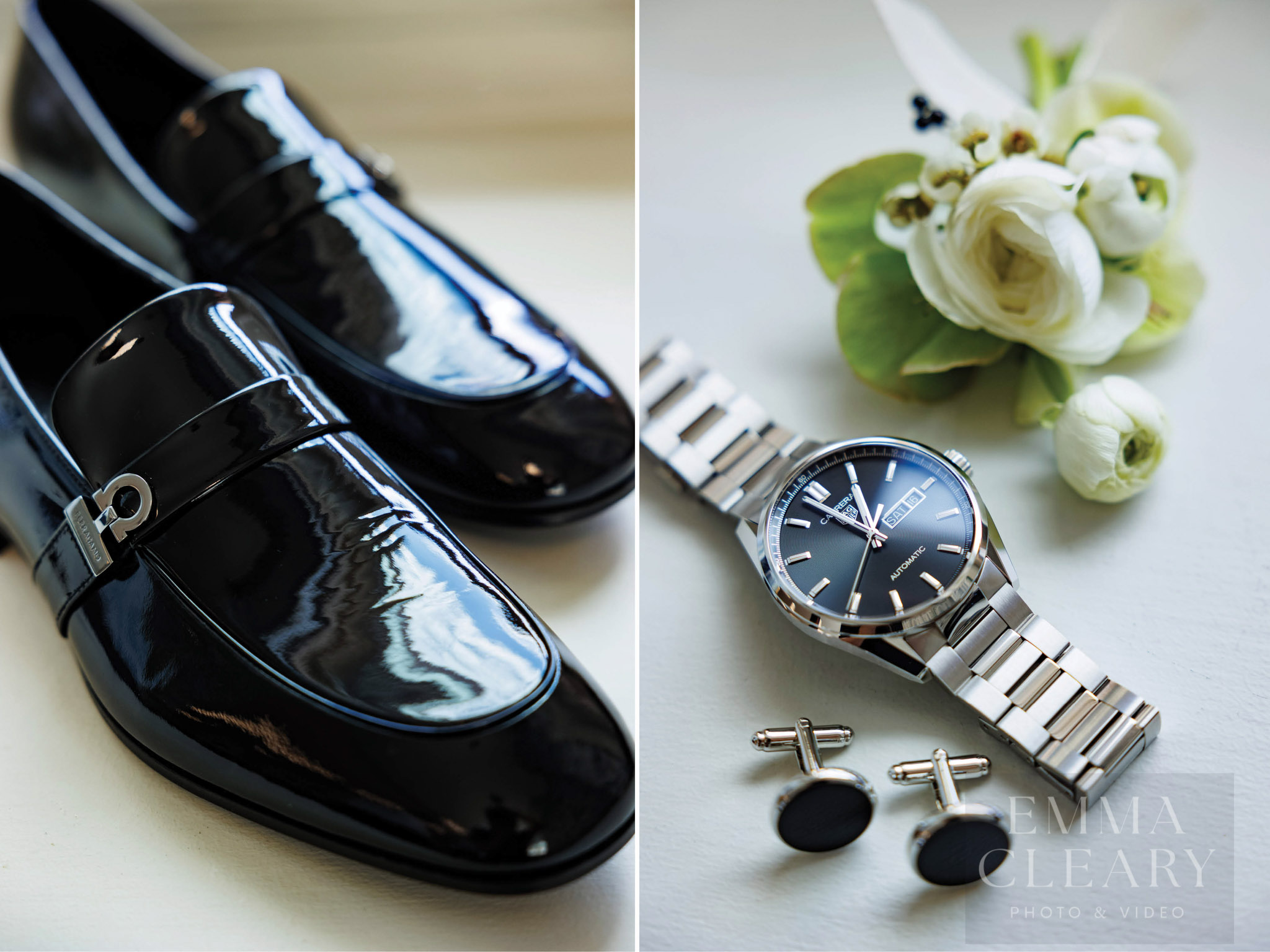 Groom's shoes, cufflinks, watches, boutonnieres