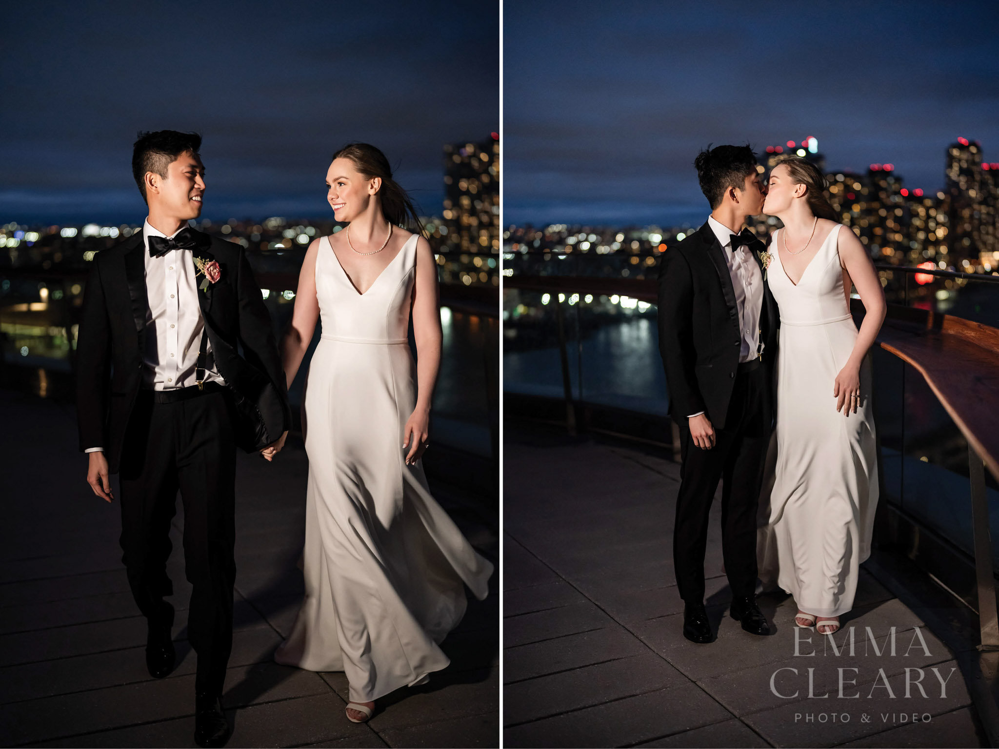 Wedding kiss on the background of the night city
