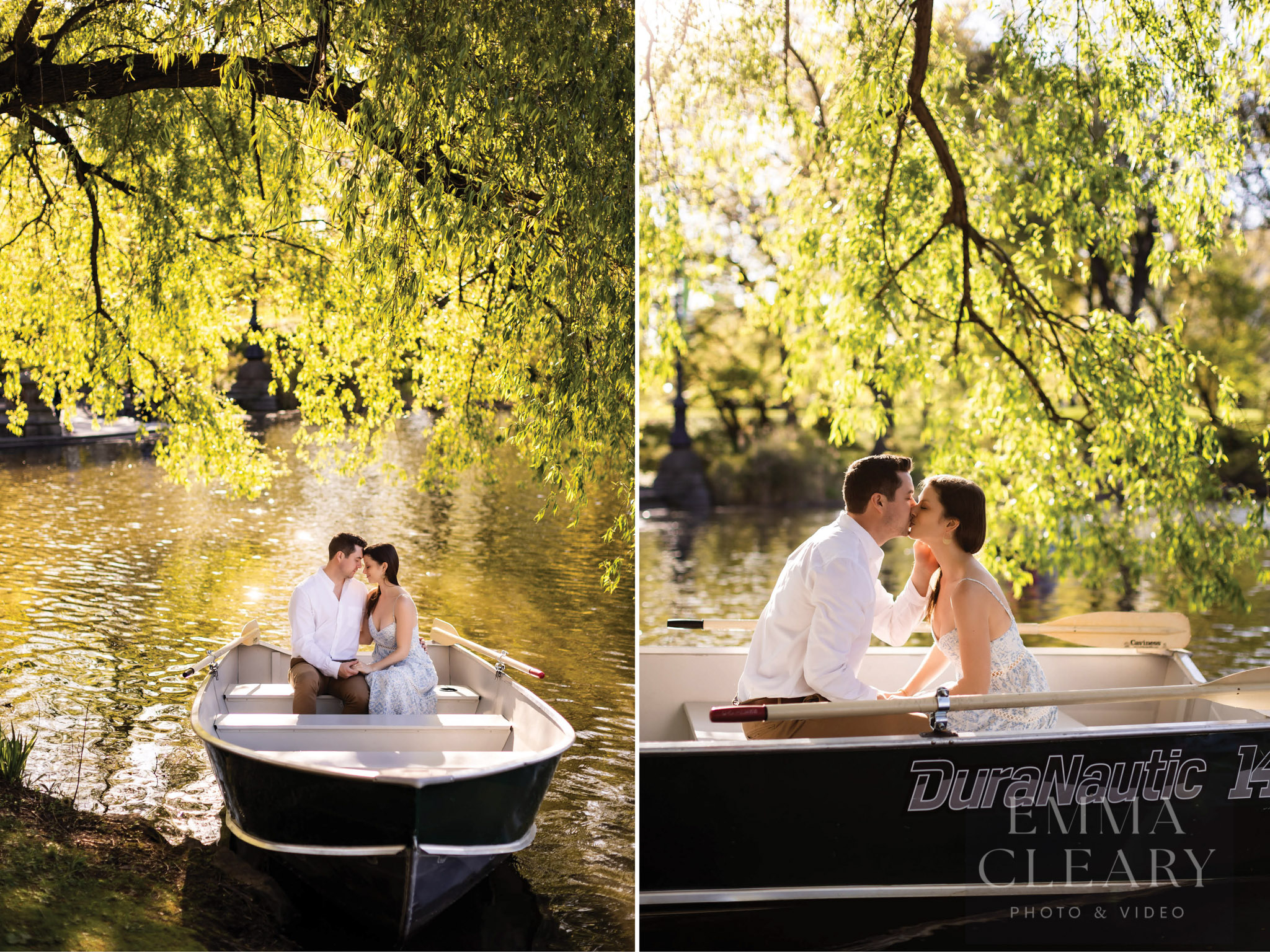 An engagement kiss in a boat