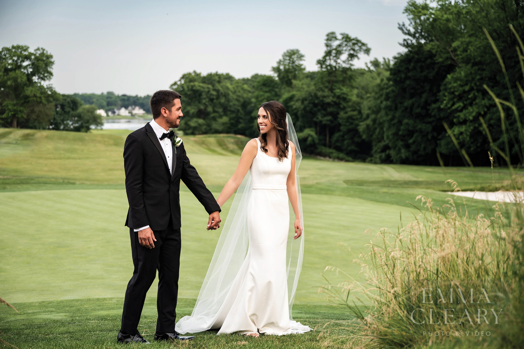 The bride and groom are walking
