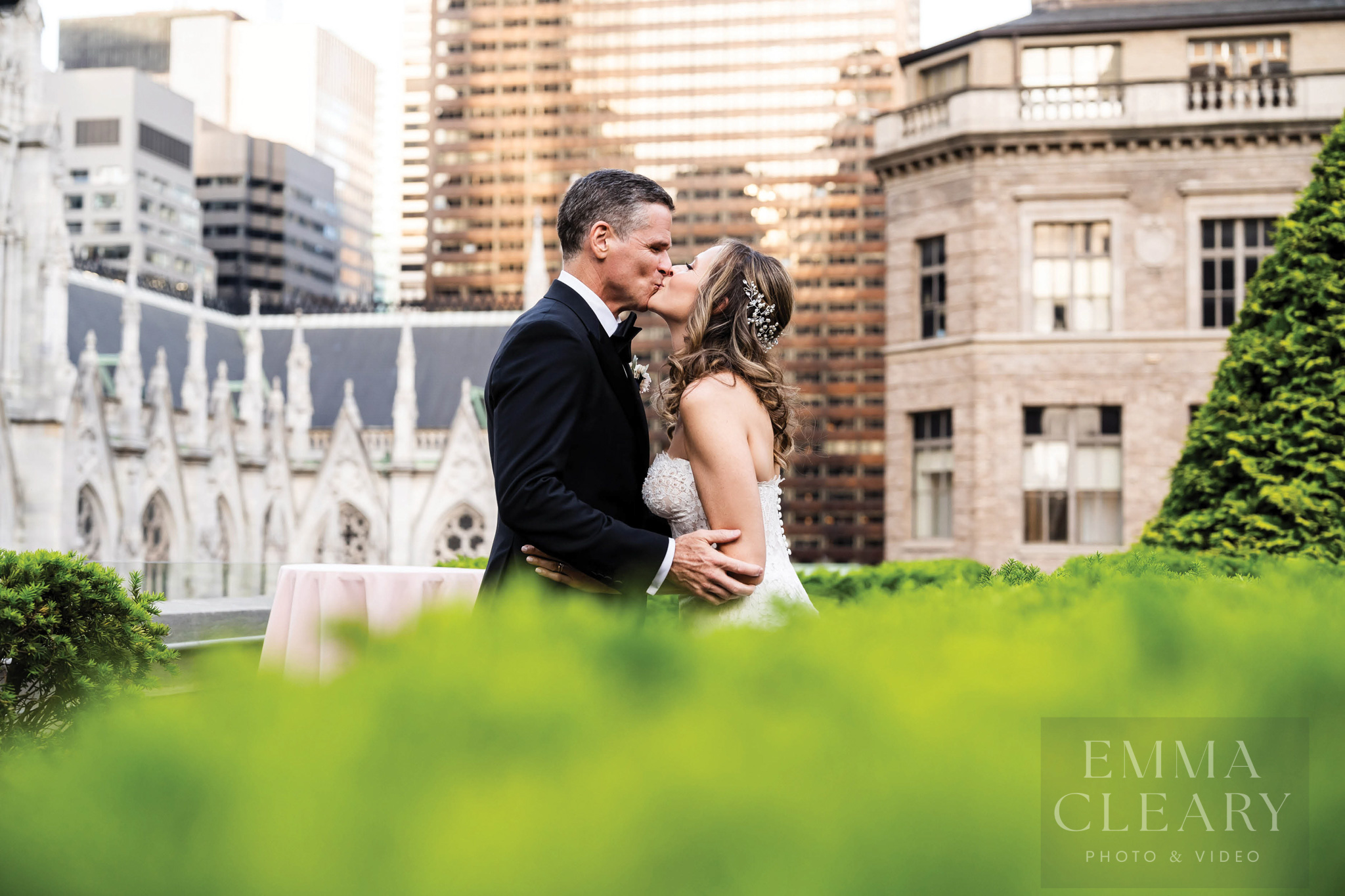 Wedding kiss with a view of the city