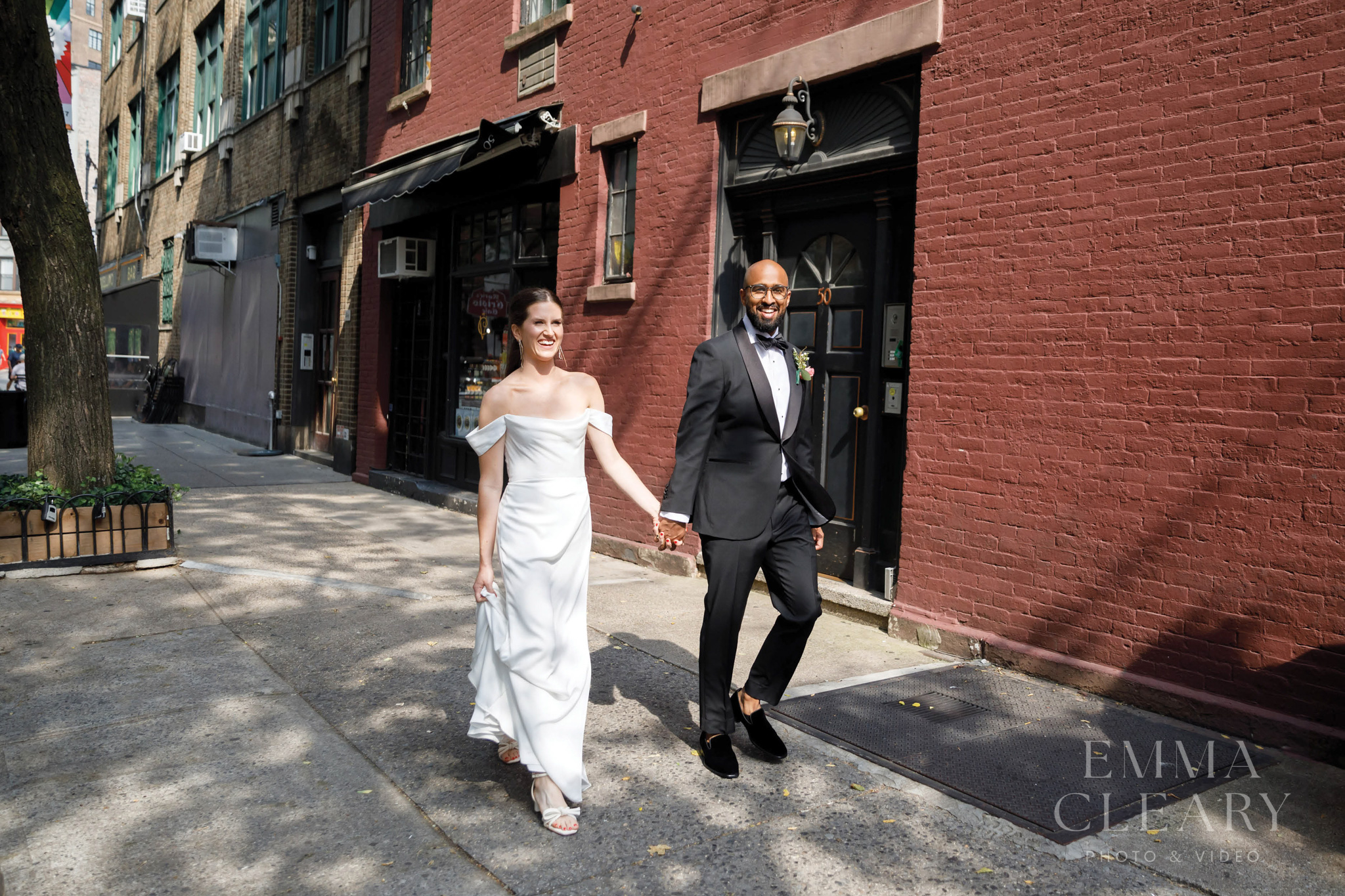 The bride and groom are walking