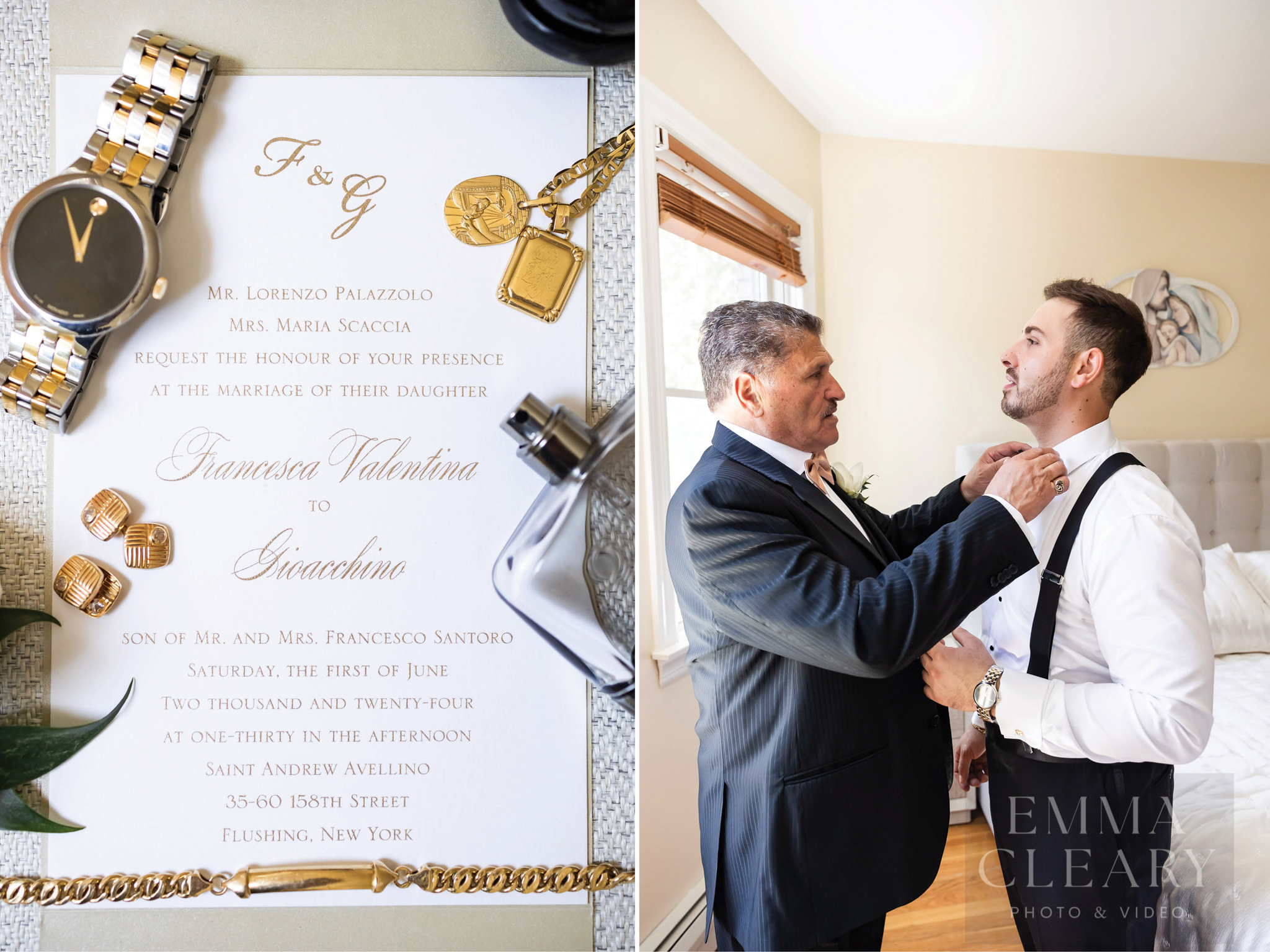 photos of wedding details and portrait of the groom