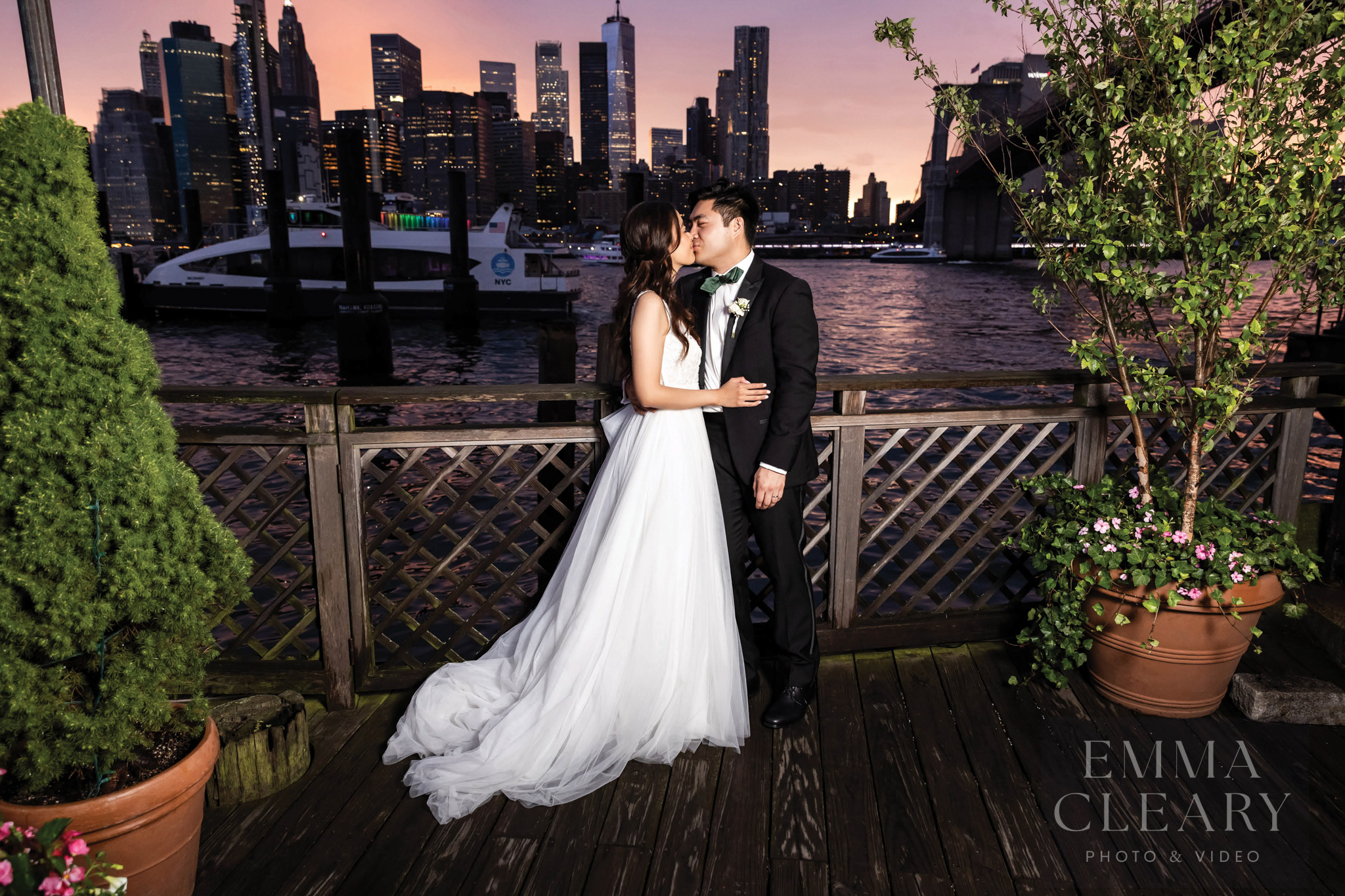 Sunset wedding kiss