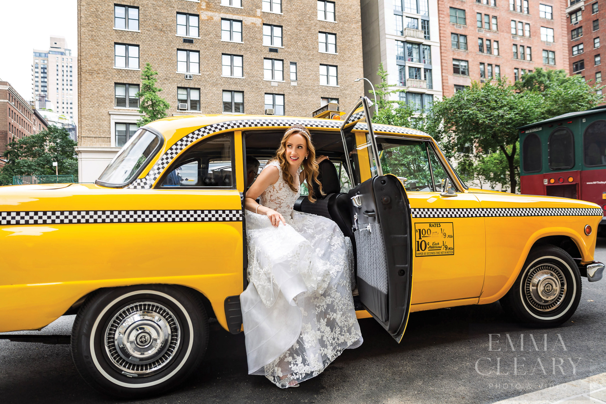 Photo of the bride in a taxi