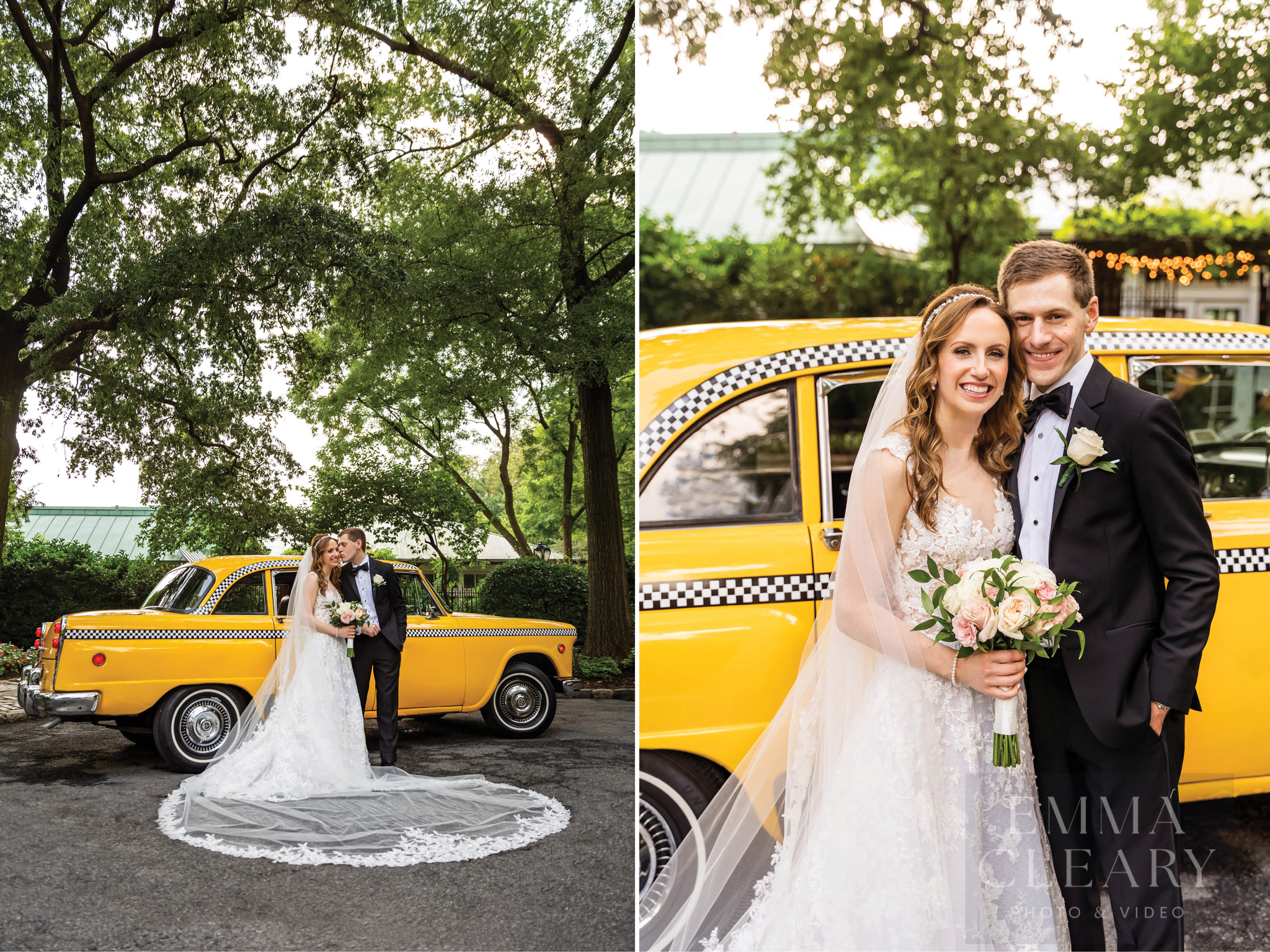 A wedding couple on the background of a retro taxi