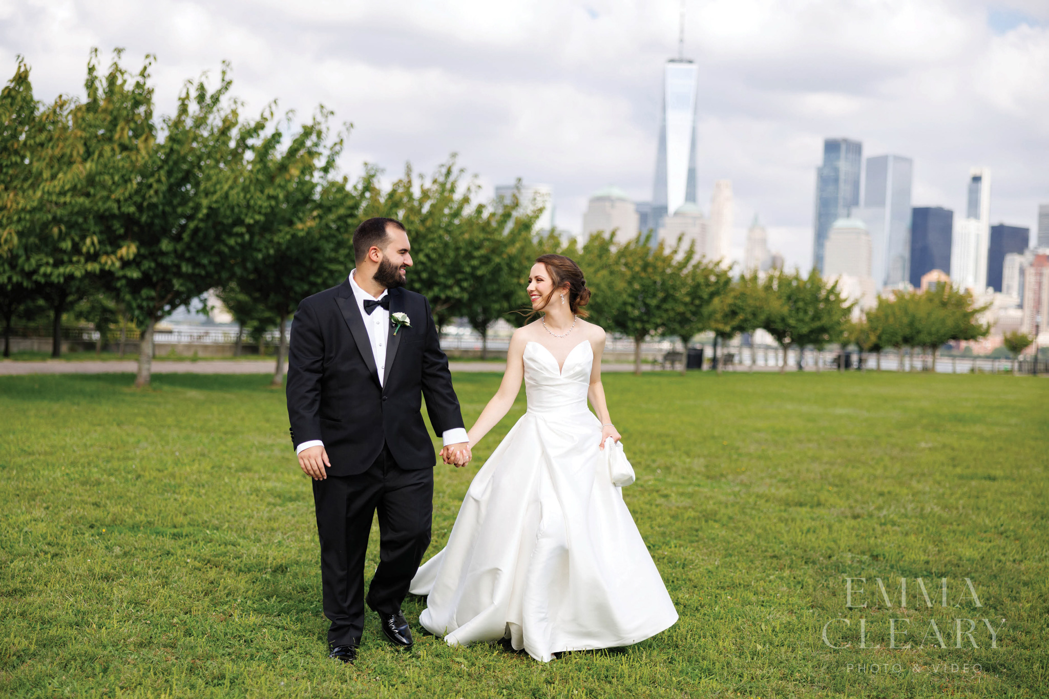 The bride and groom are walking