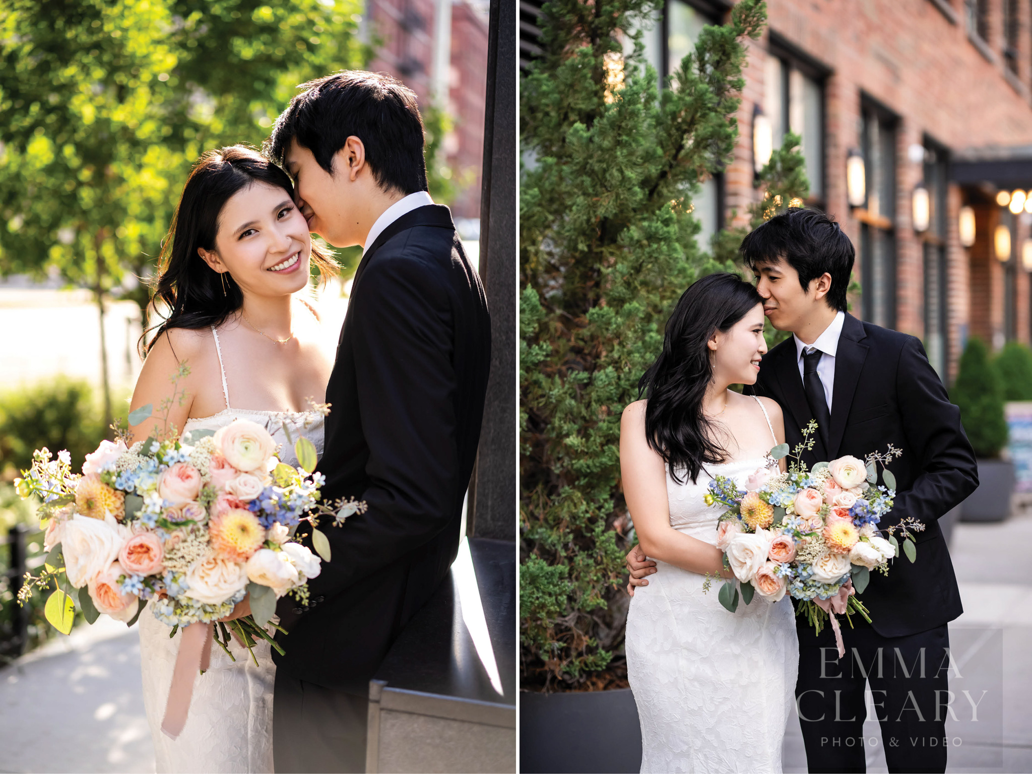 The groom kisses the bride