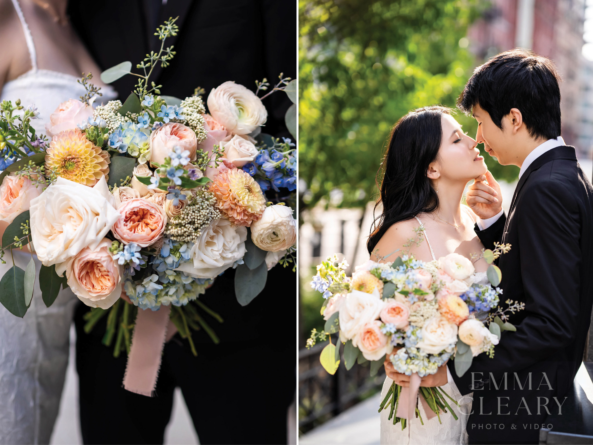 Photos of a couple and a wedding bouquet