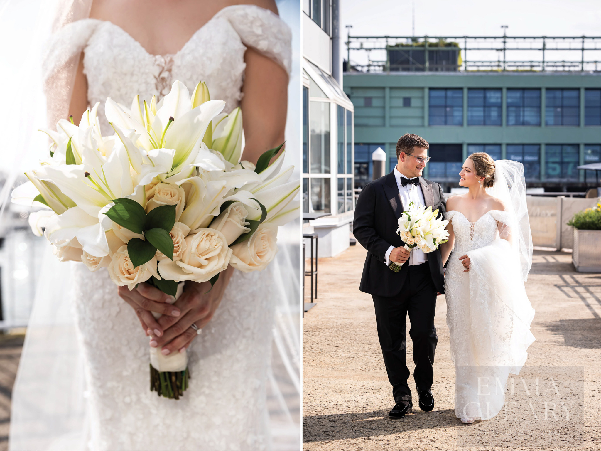 Bride's bouquet and couple