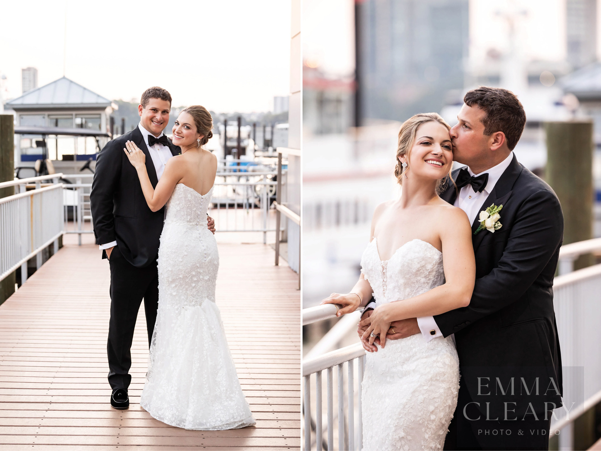 The groom kisses the bride
