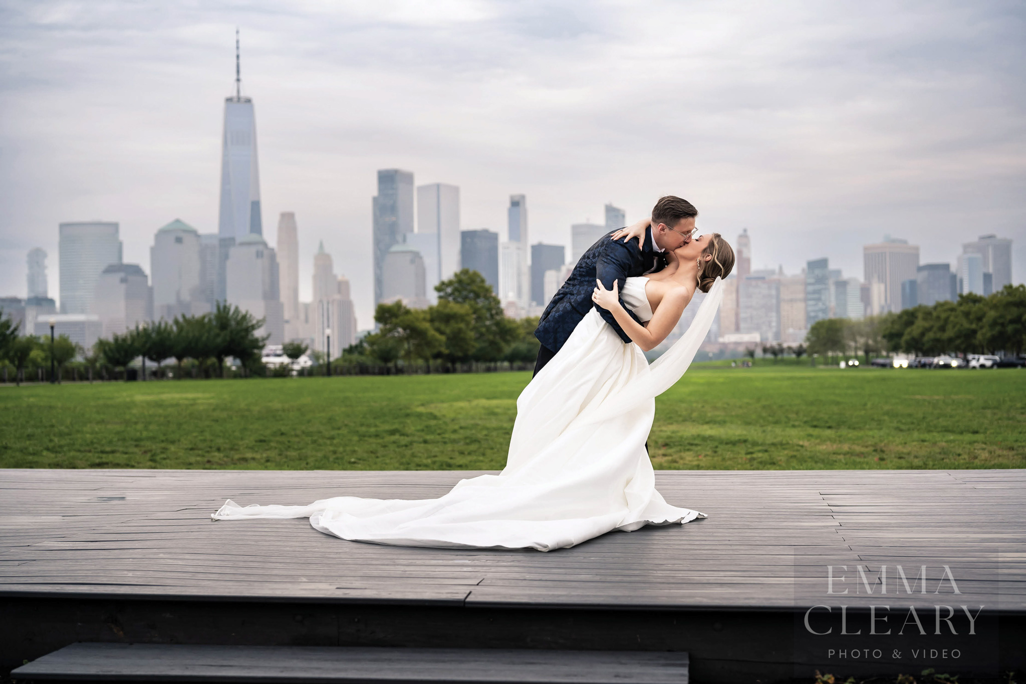 Wedding kiss with a view of the city