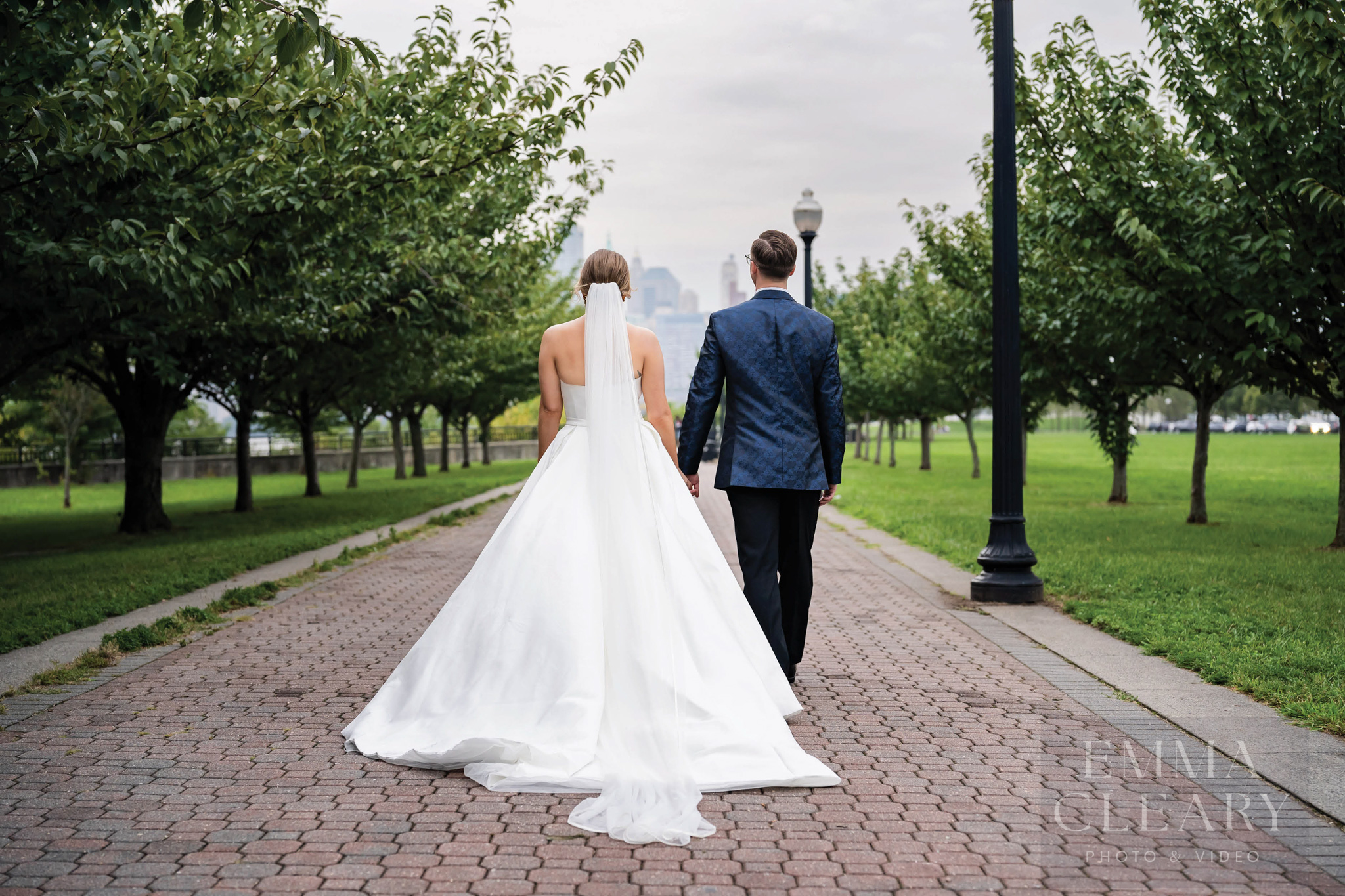 The bride and groom are walking