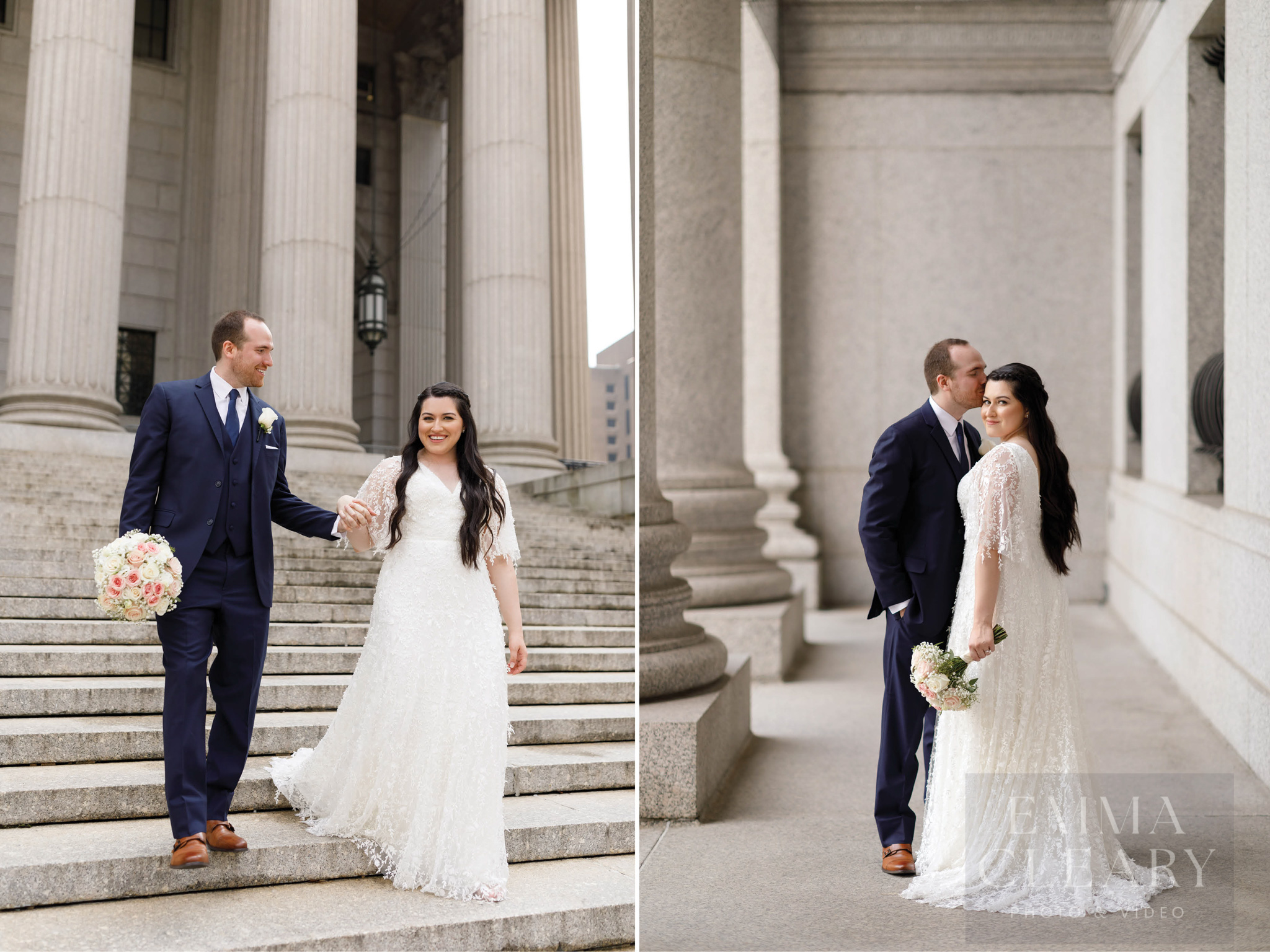 The groom kisses the bride
