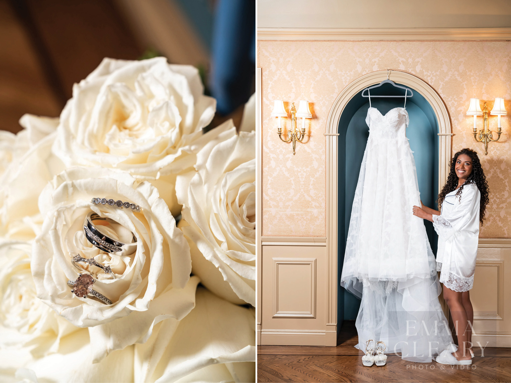 Bride, wedding dress and wedding rings