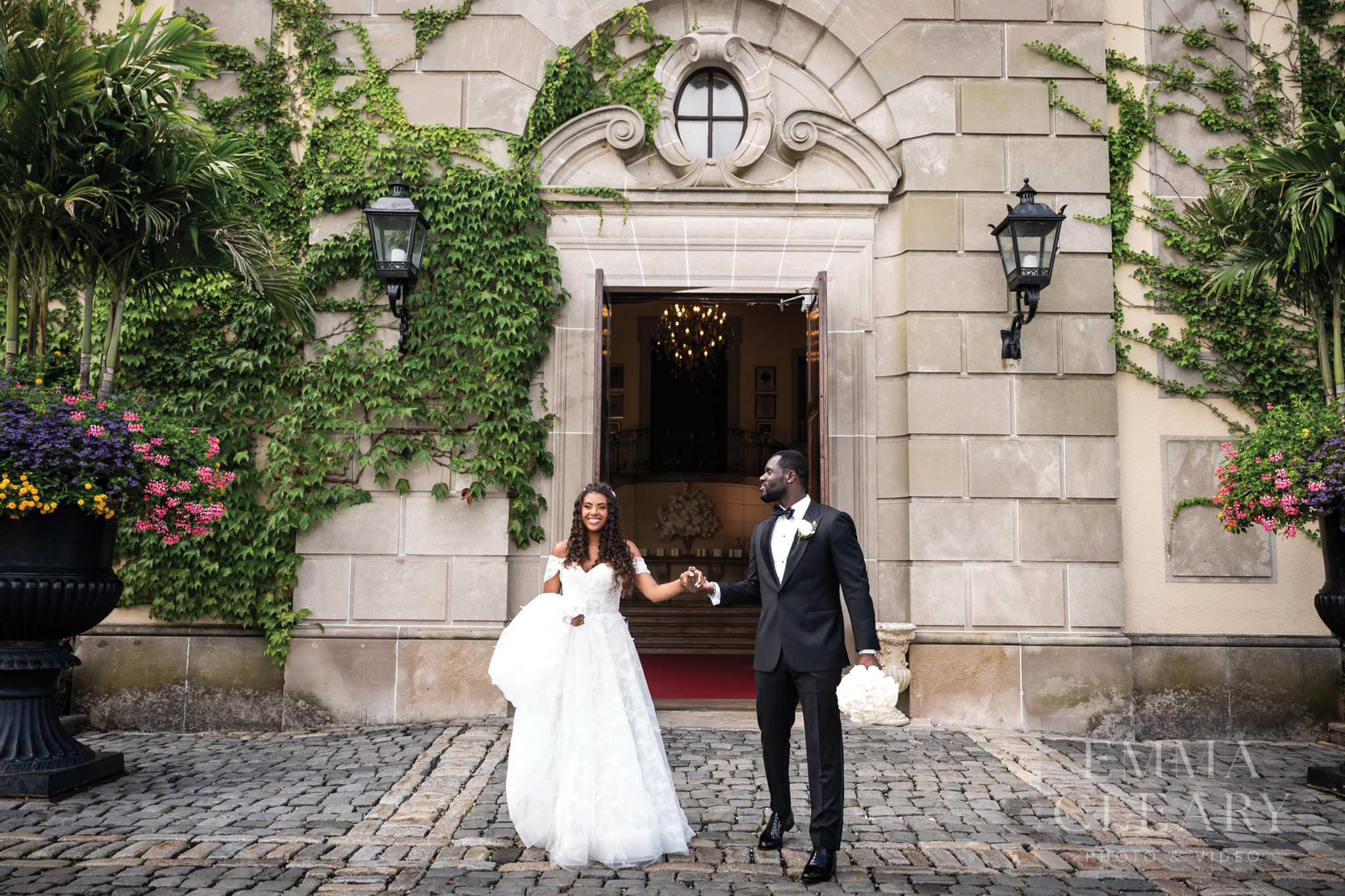The bride and groom are walking