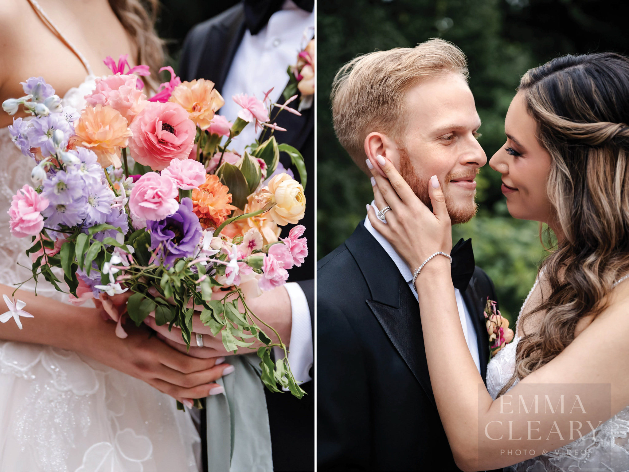 Wedding bouquet and portrait of a couple