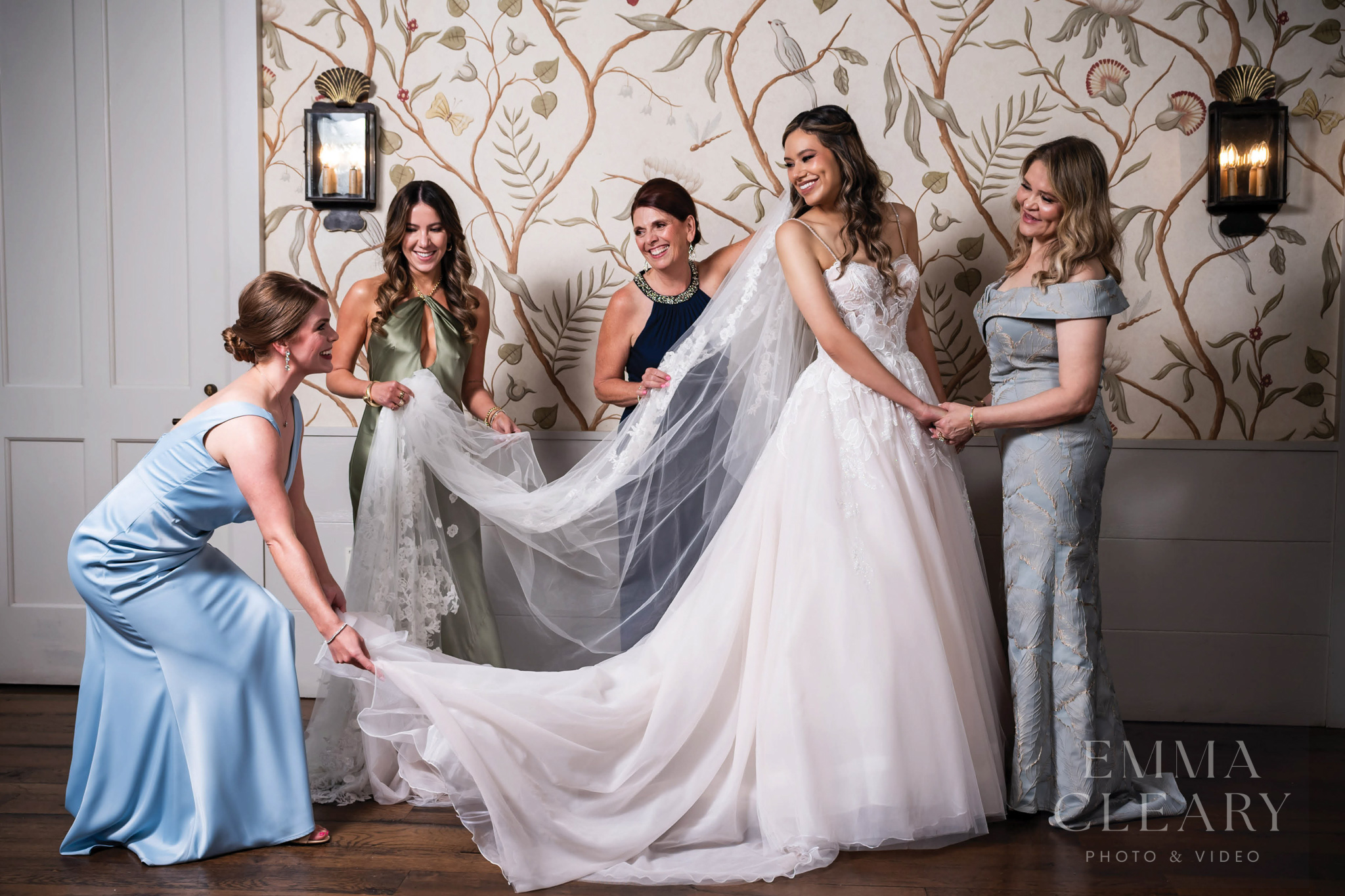 Bride and bridesmaids and mom