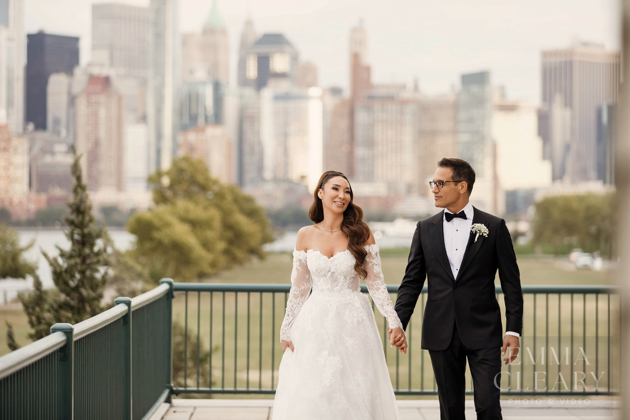 The bride and groom are walking