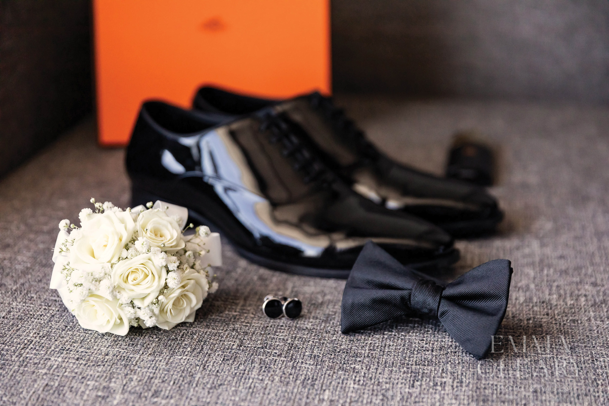 Bow tie, boutonniere, cufflinks, groom's shoes