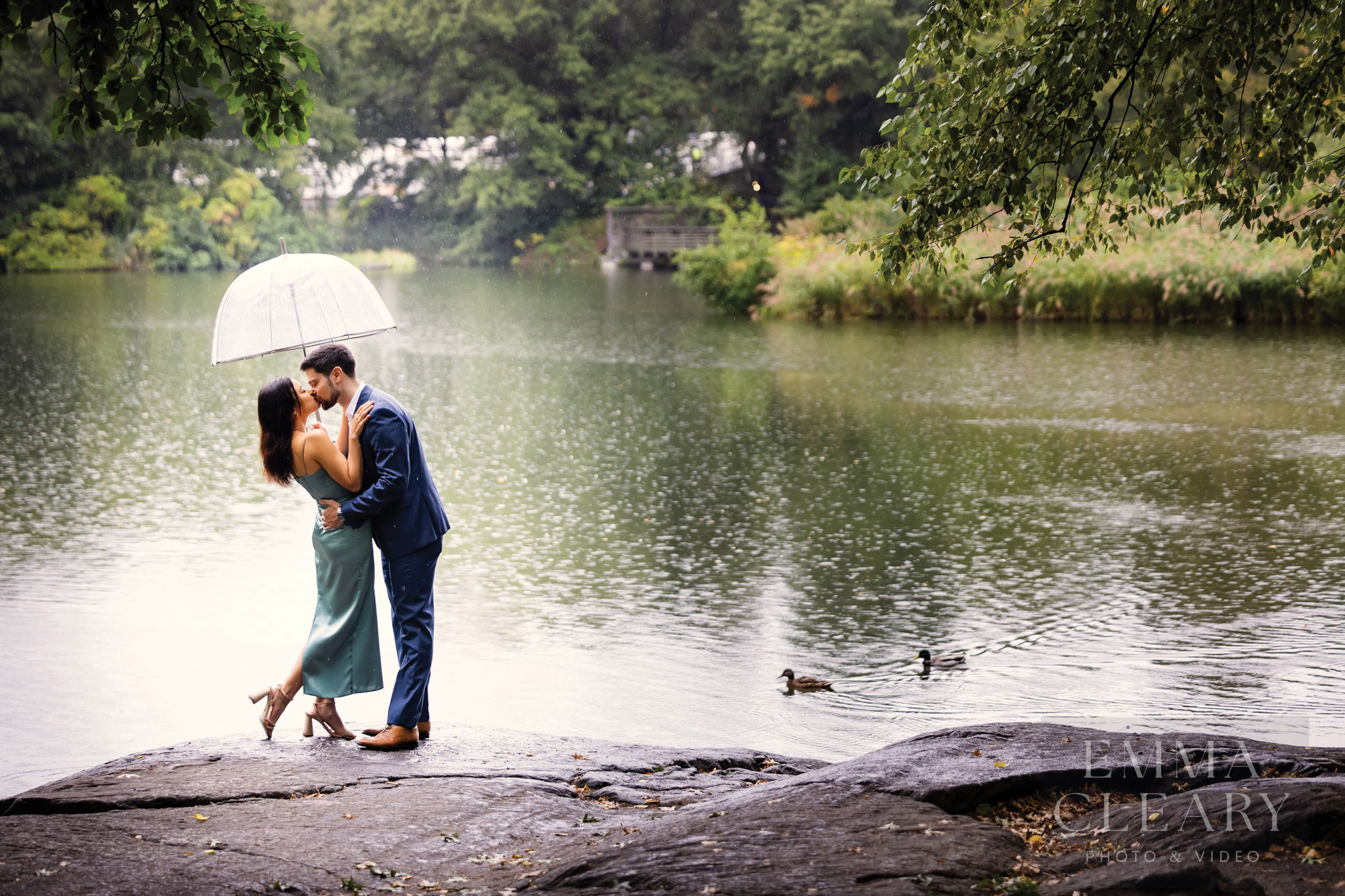 A couple's kiss in the rain