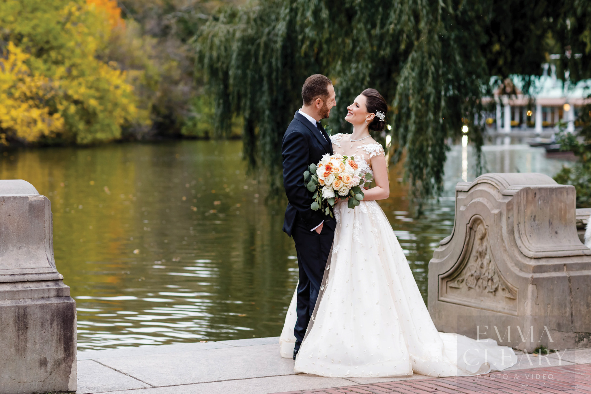 Wedding photo of a couple by the water