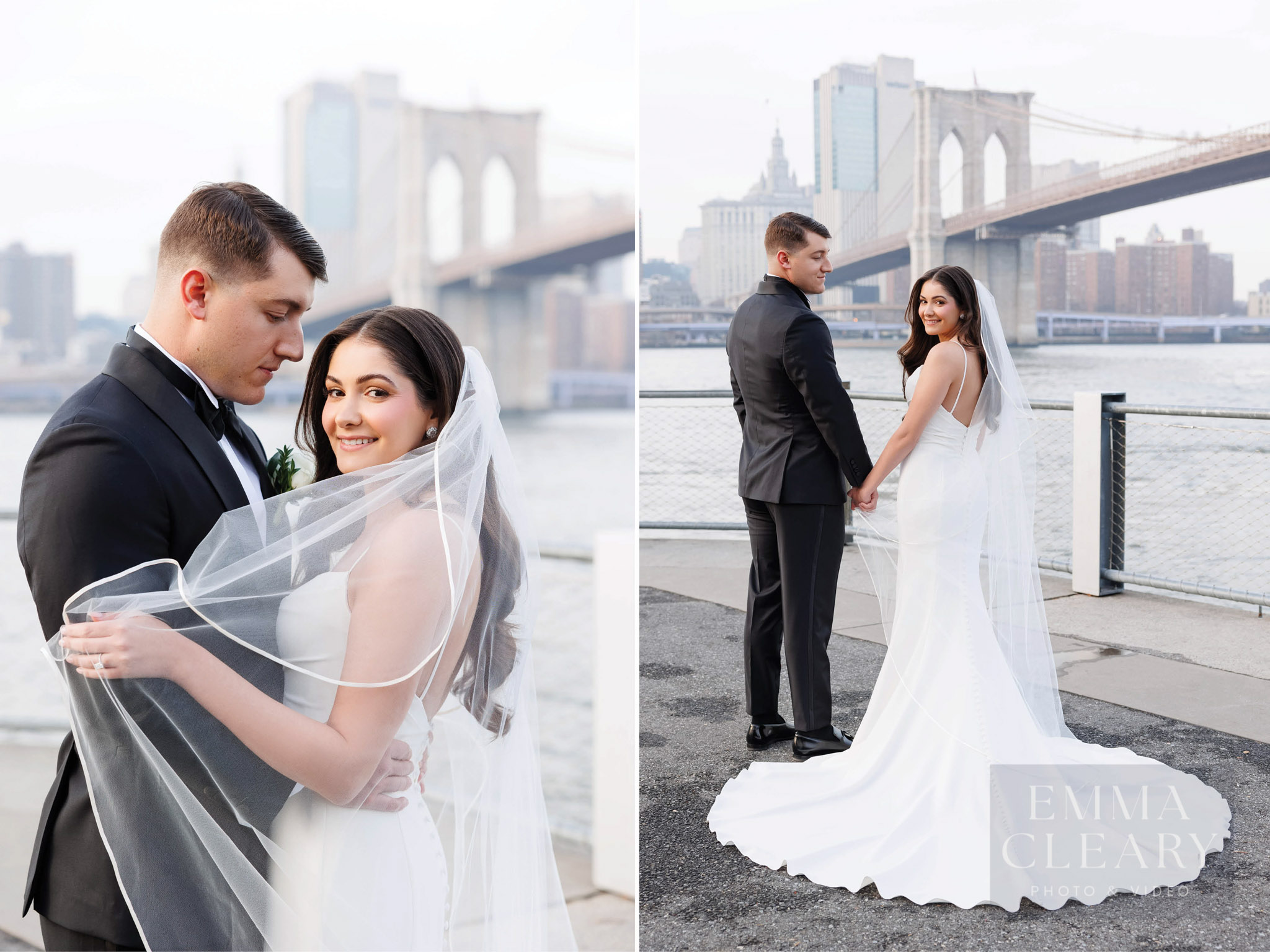 Groom and the bride near the Brooklyn Bridge