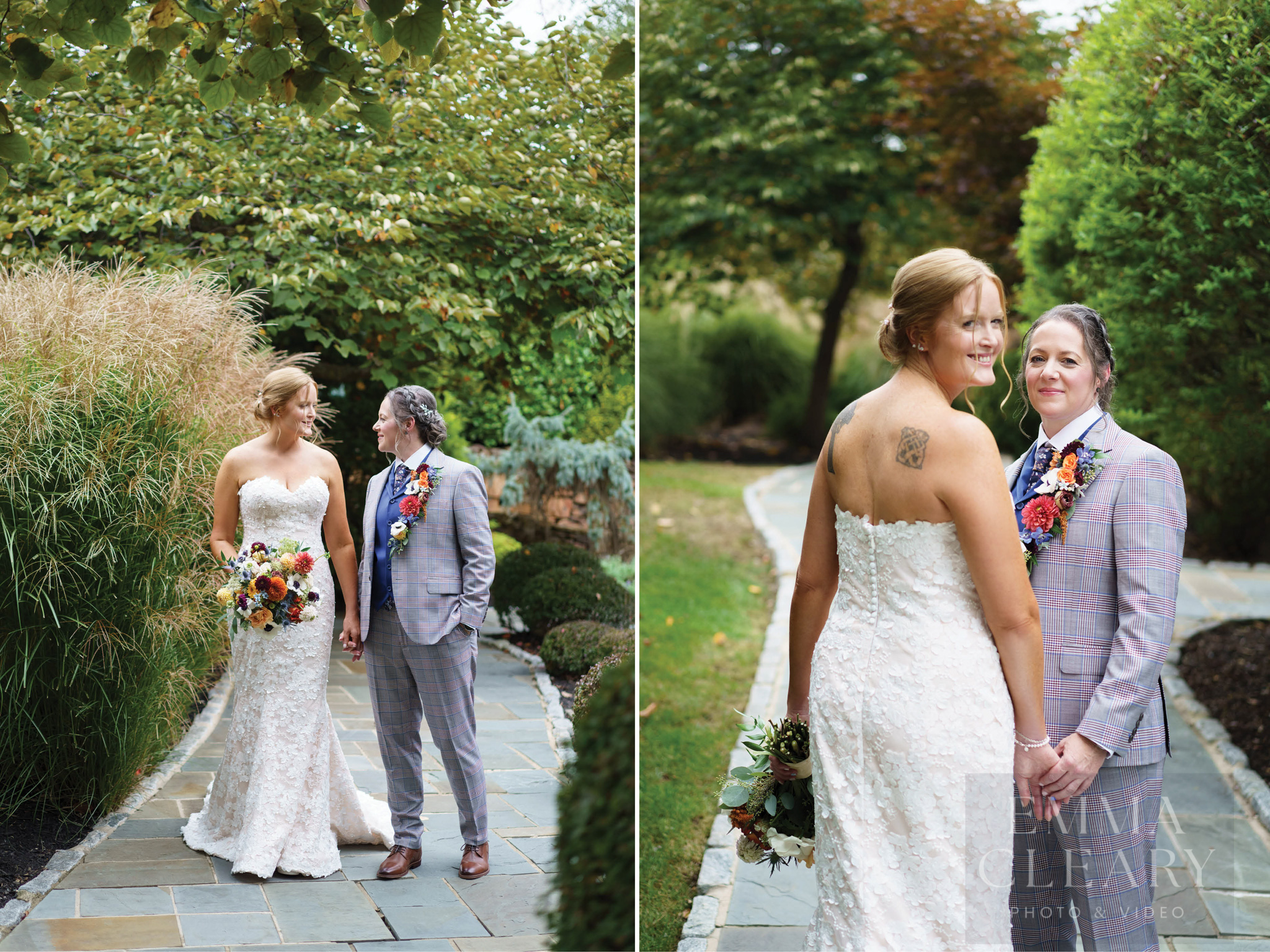 The wedding couple is walking