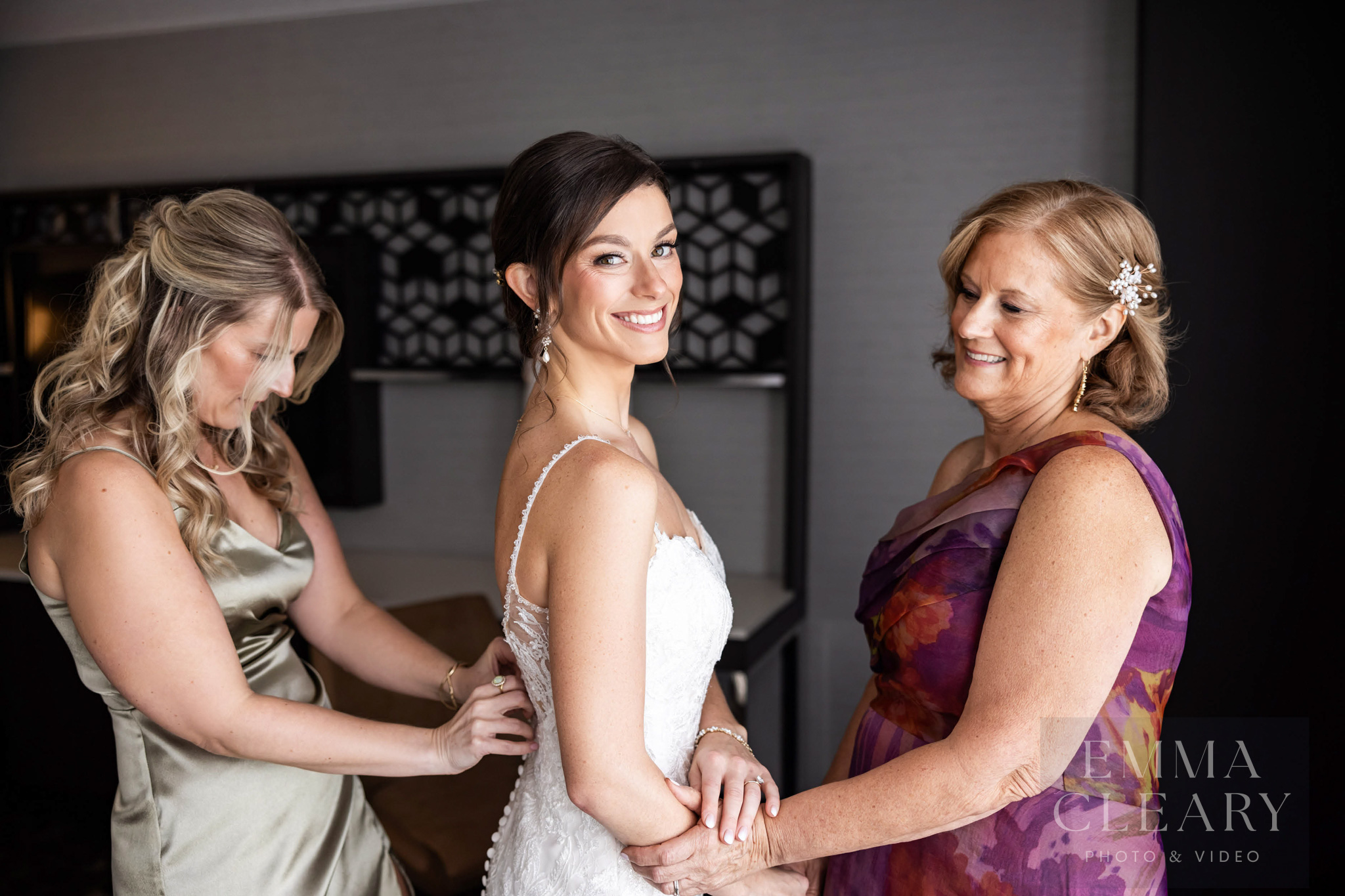 Bride and bridesmaid and mom