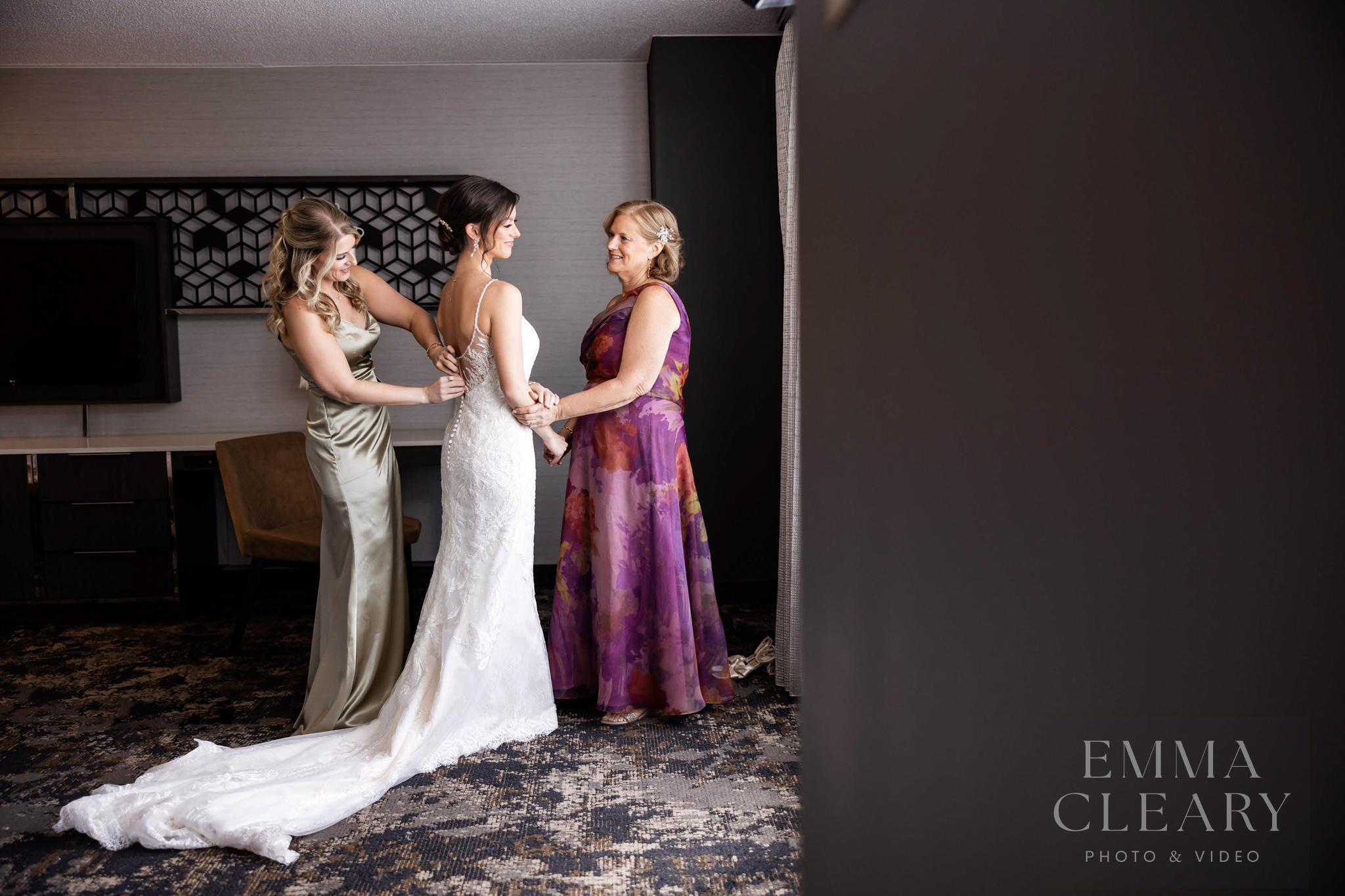Bride and bridesmaid and mom