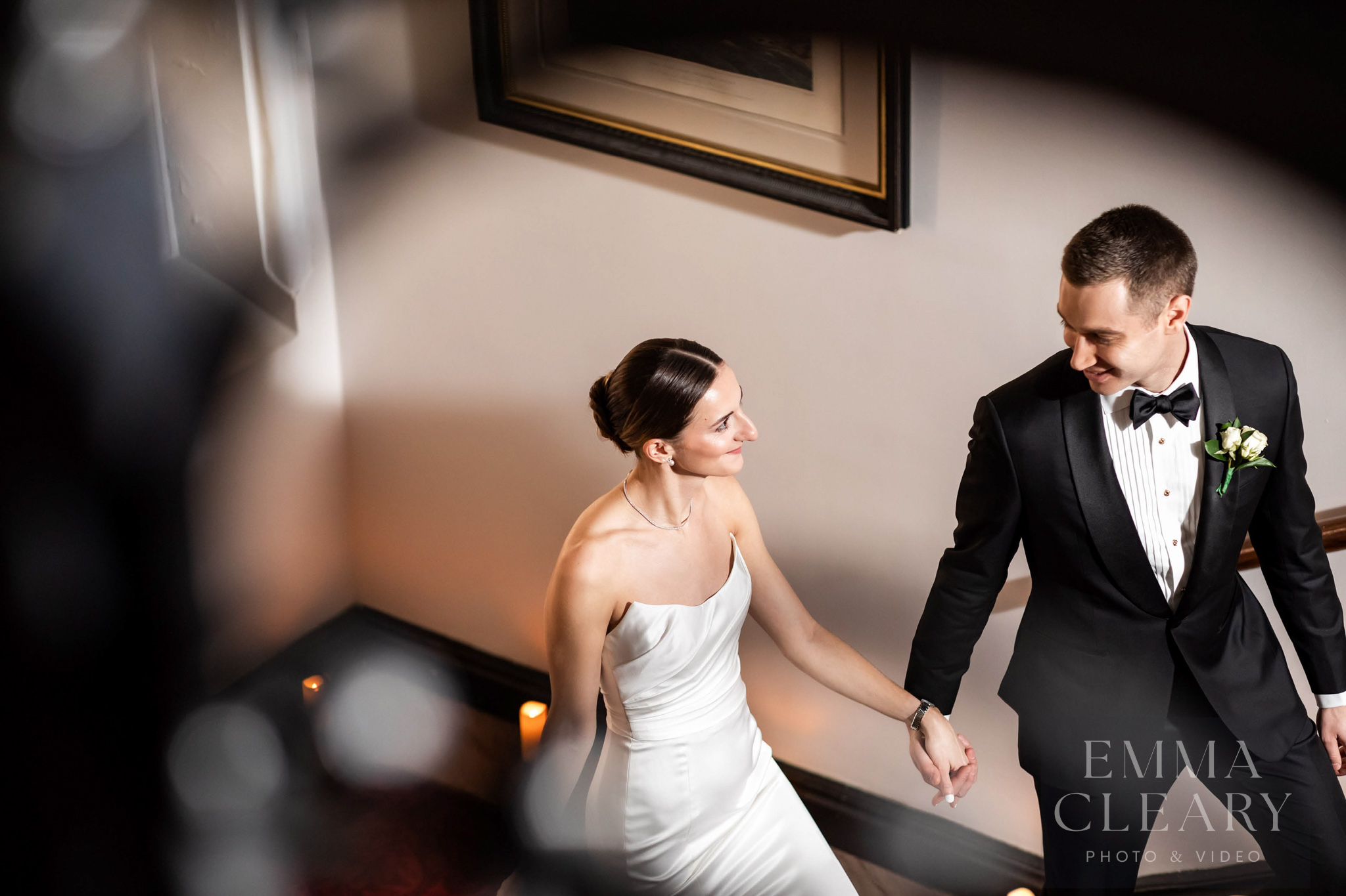 The bride and groom are walking