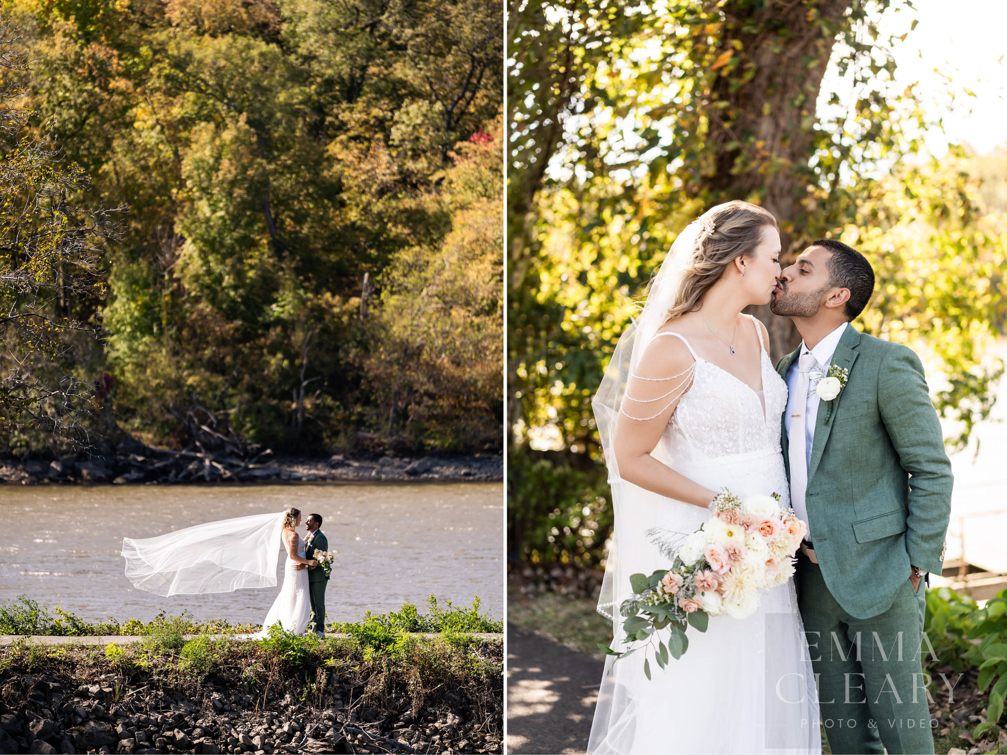Wedding photo of a couple kissing