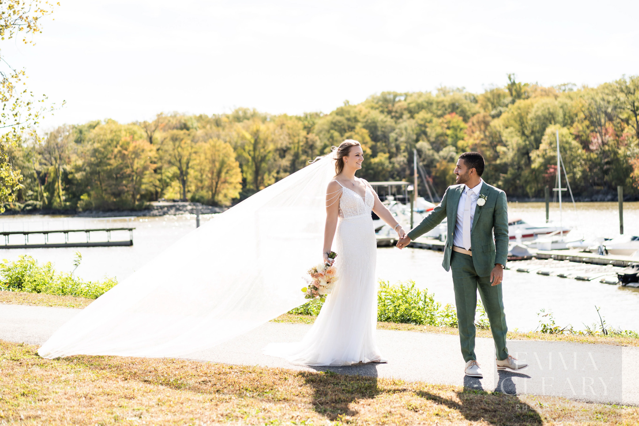 The bride and groom are walking