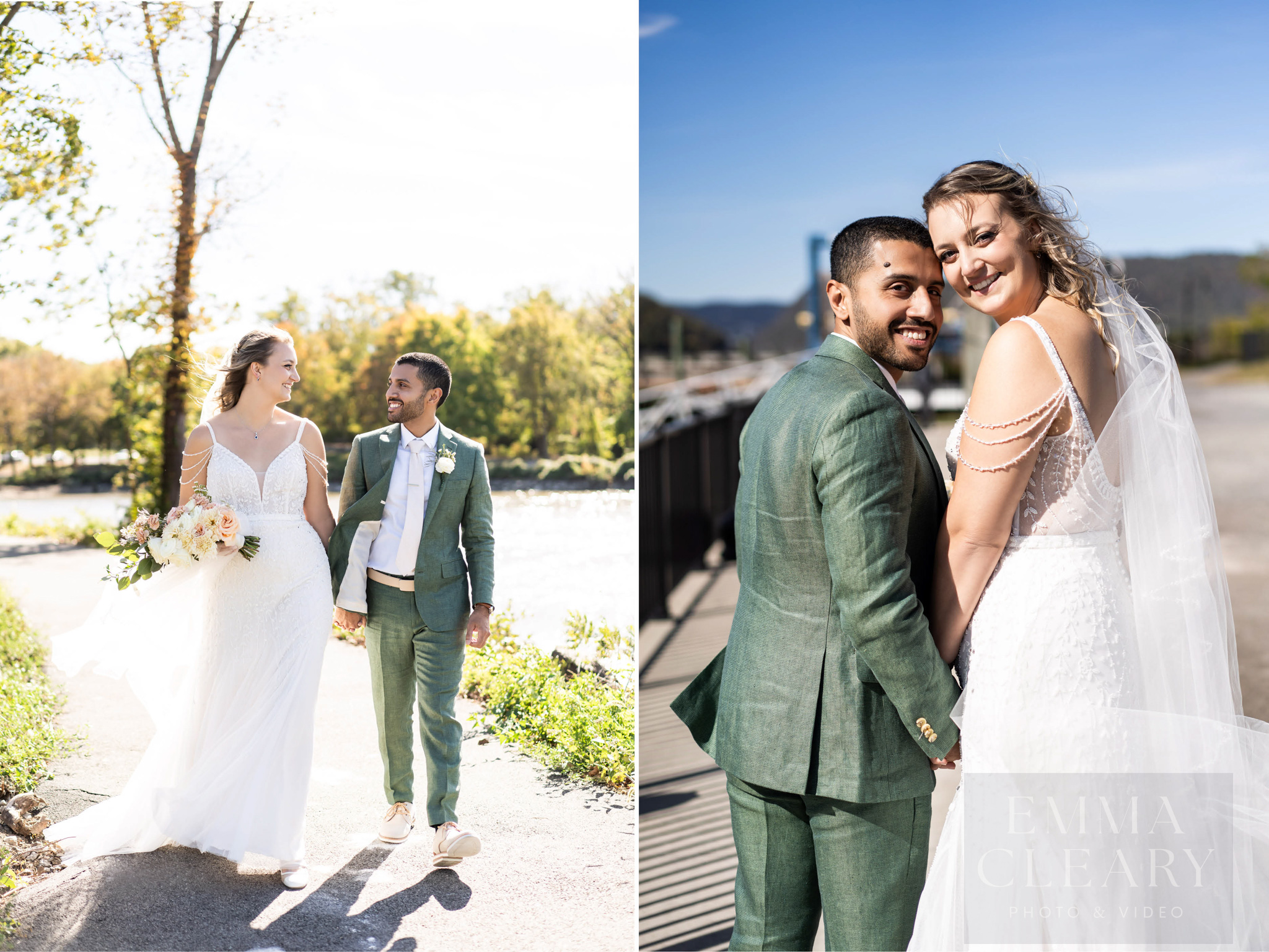 The bride and groom are walking