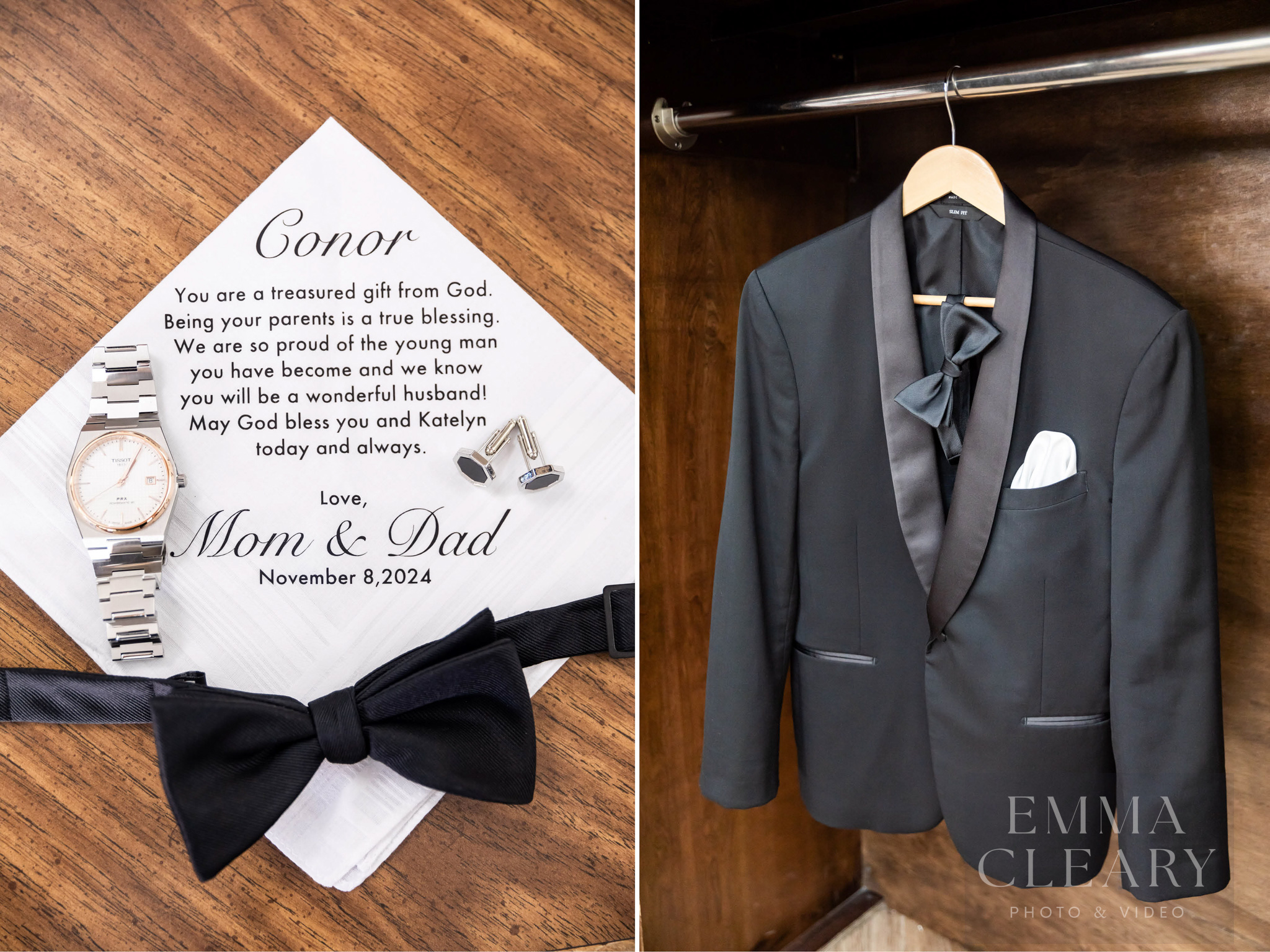 Groom's suit, bow tie, watch, cufflinks