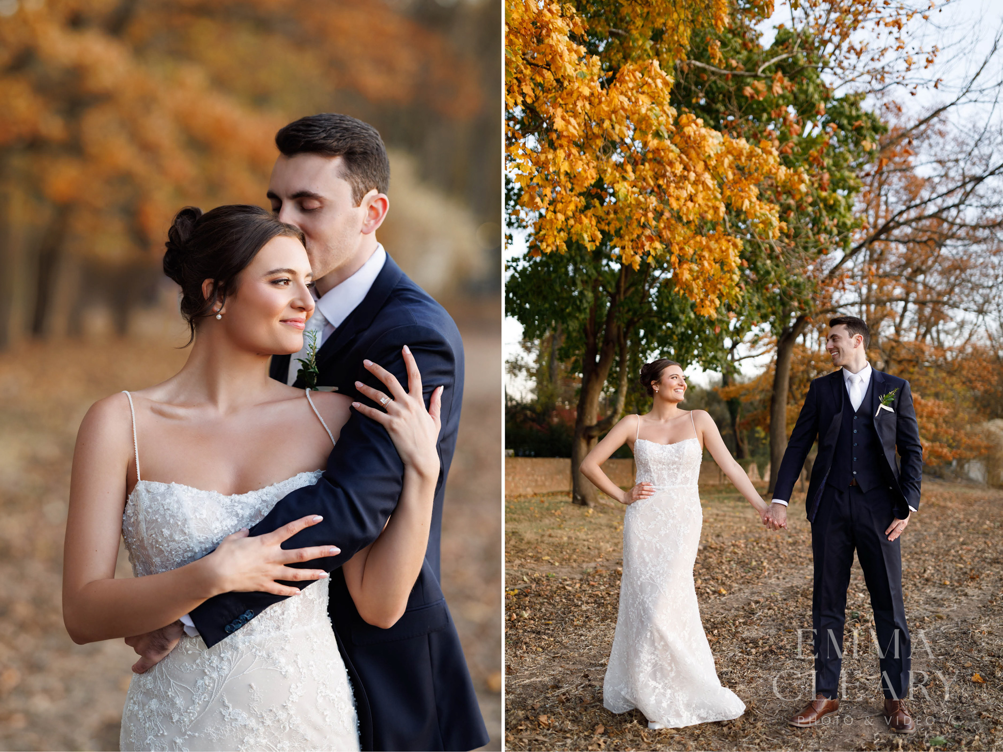 The groom kisses the bride