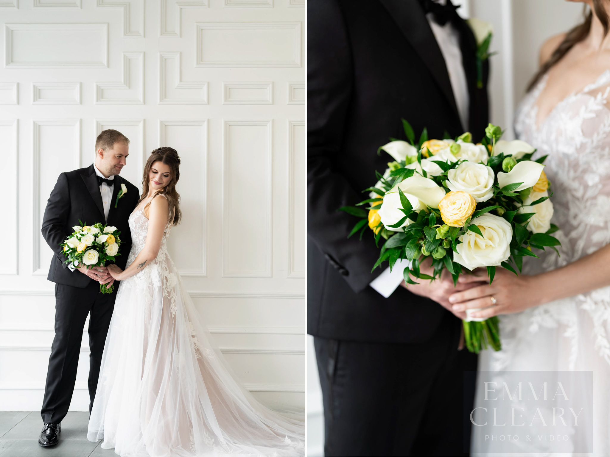 The wedding couple and the bride's bouquet