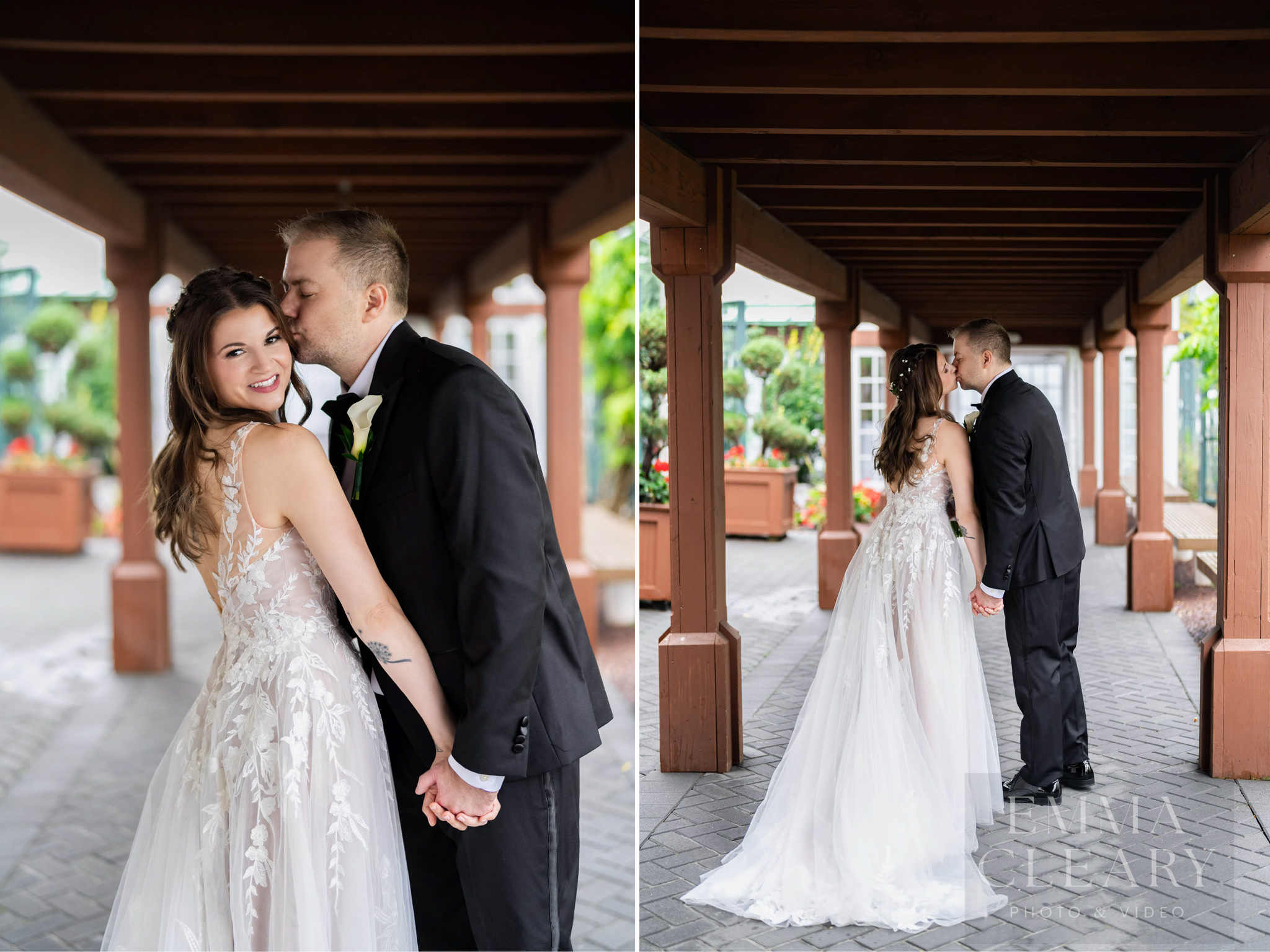 The groom kisses the bride